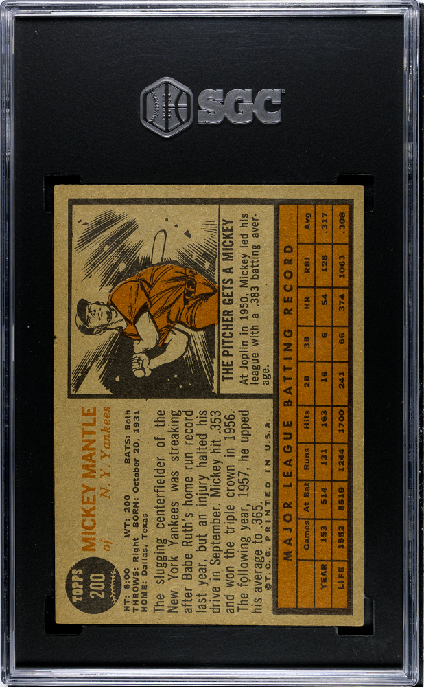 Mickey Mantle 1962 Topps Card New York Yankees #200 SGC 1