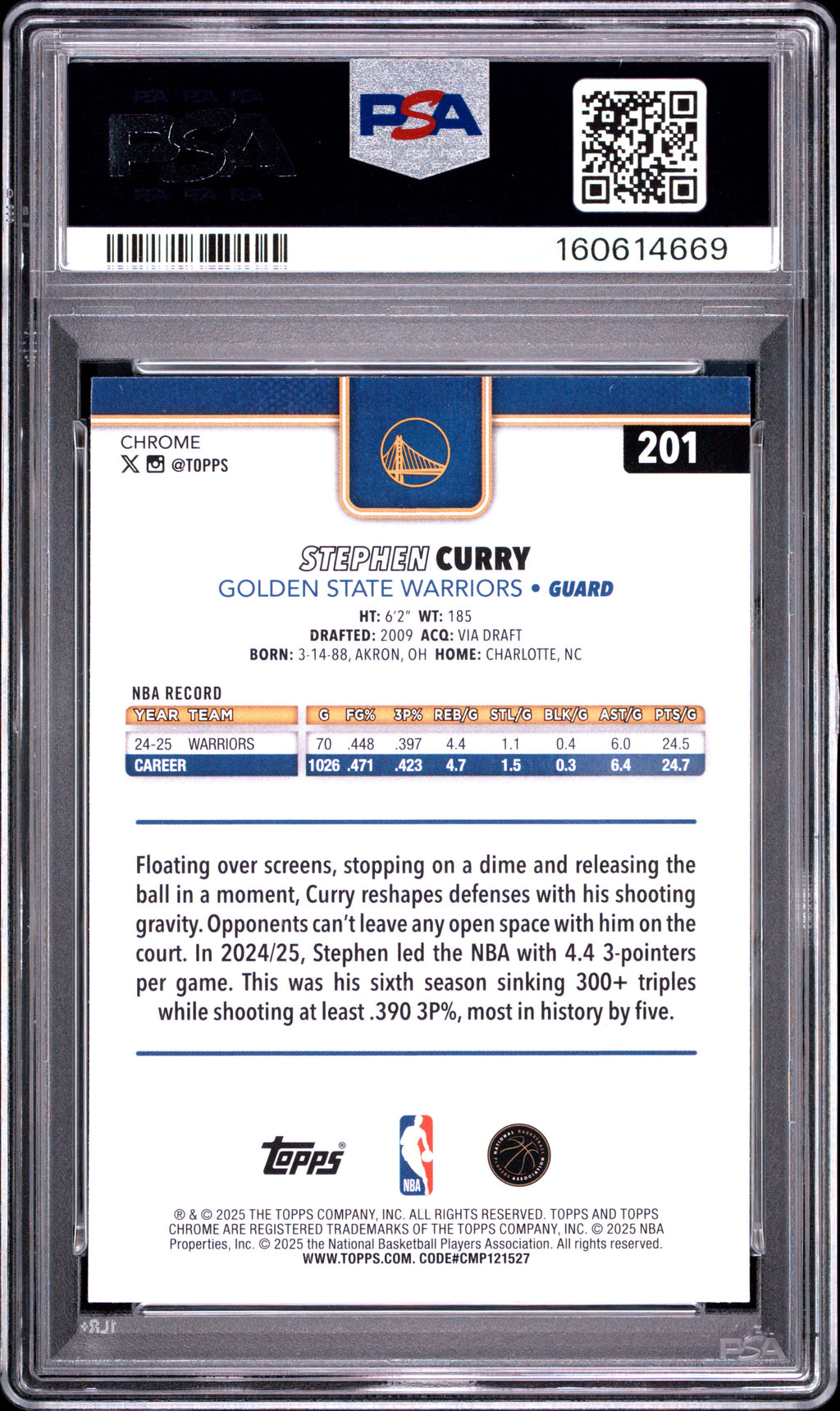 Stephen Curry 2025 Topps Chrome Yellow Raywave Warriors 245/275 PSA 10