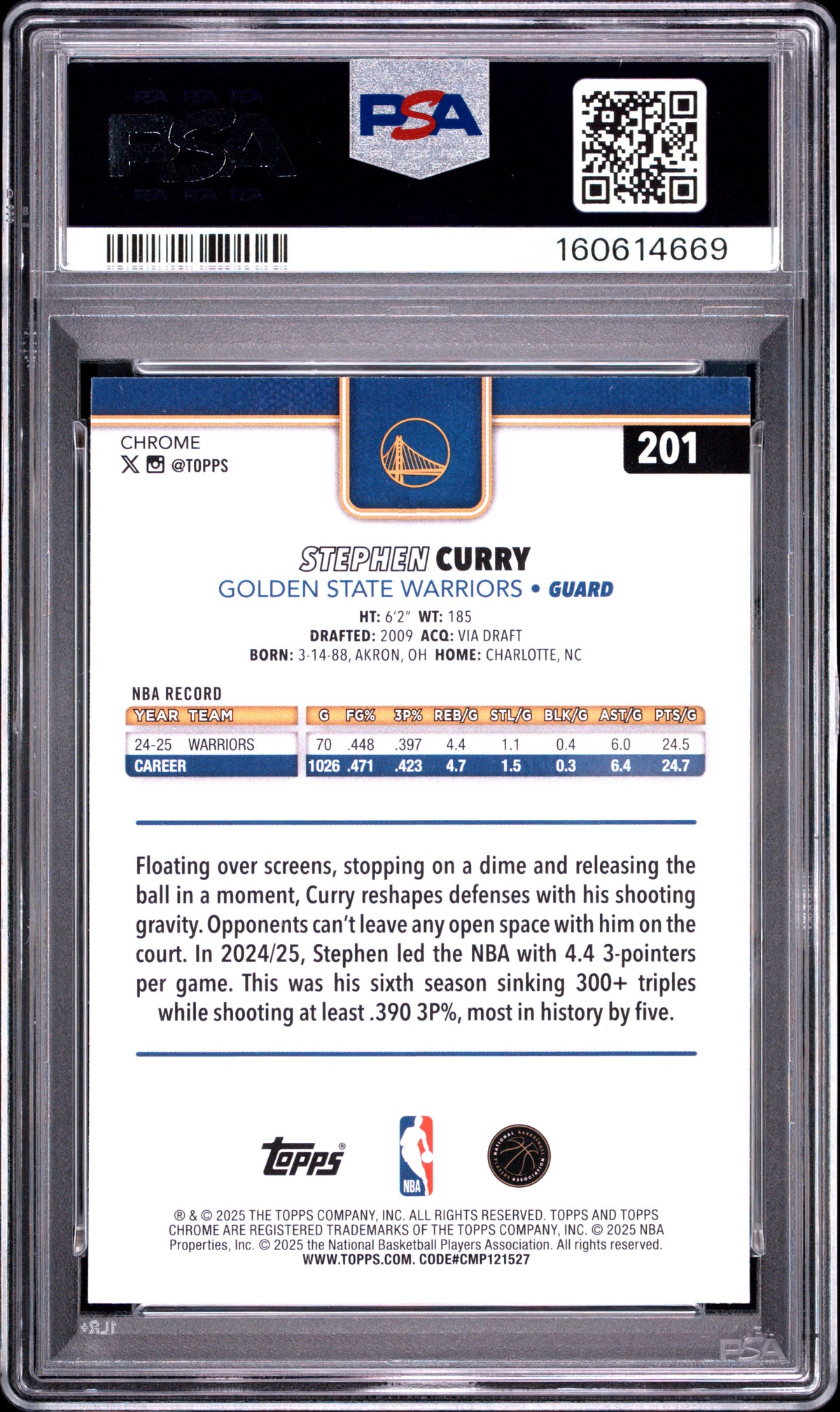 Stephen Curry 2025 Topps Chrome Yellow Raywave Warriors 245/275 PSA 10