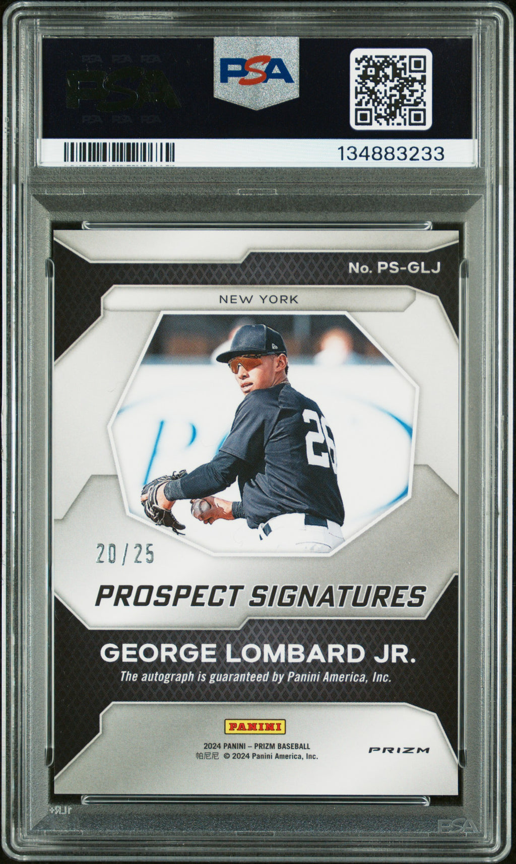 George Lombard Jr. 2024 Prizm Mojo Autograph RC Yankees 20/25 PSA 10 Auto 10