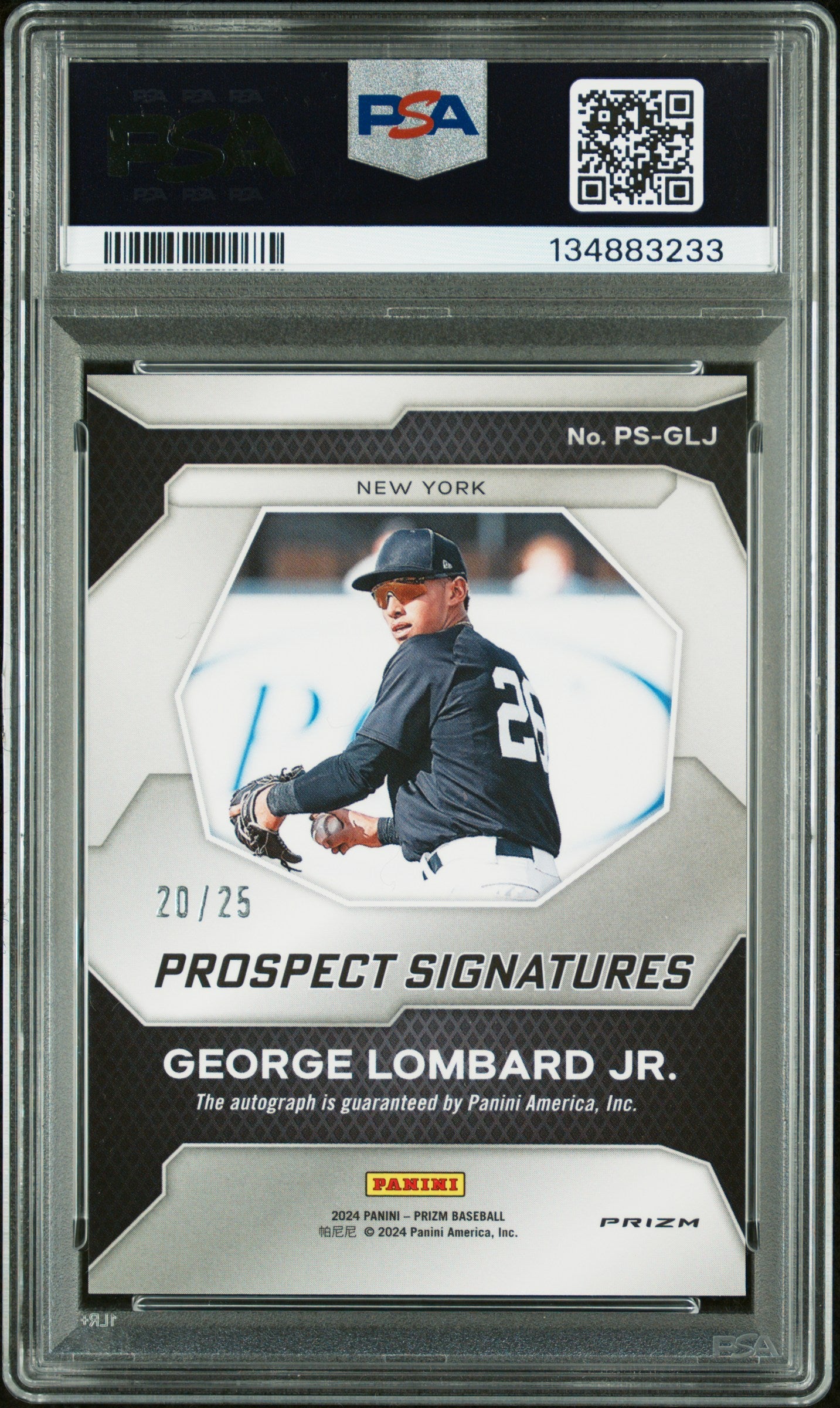 George Lombard Jr. 2024 Prizm Mojo Autograph RC Yankees 20/25 PSA 10 Auto 10