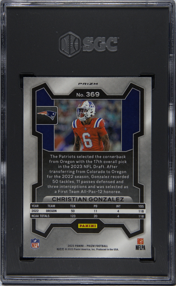 Christian Gonzalez 2023 Prizm Black & White Checker SSP RC NE Patriots SGC 9.5