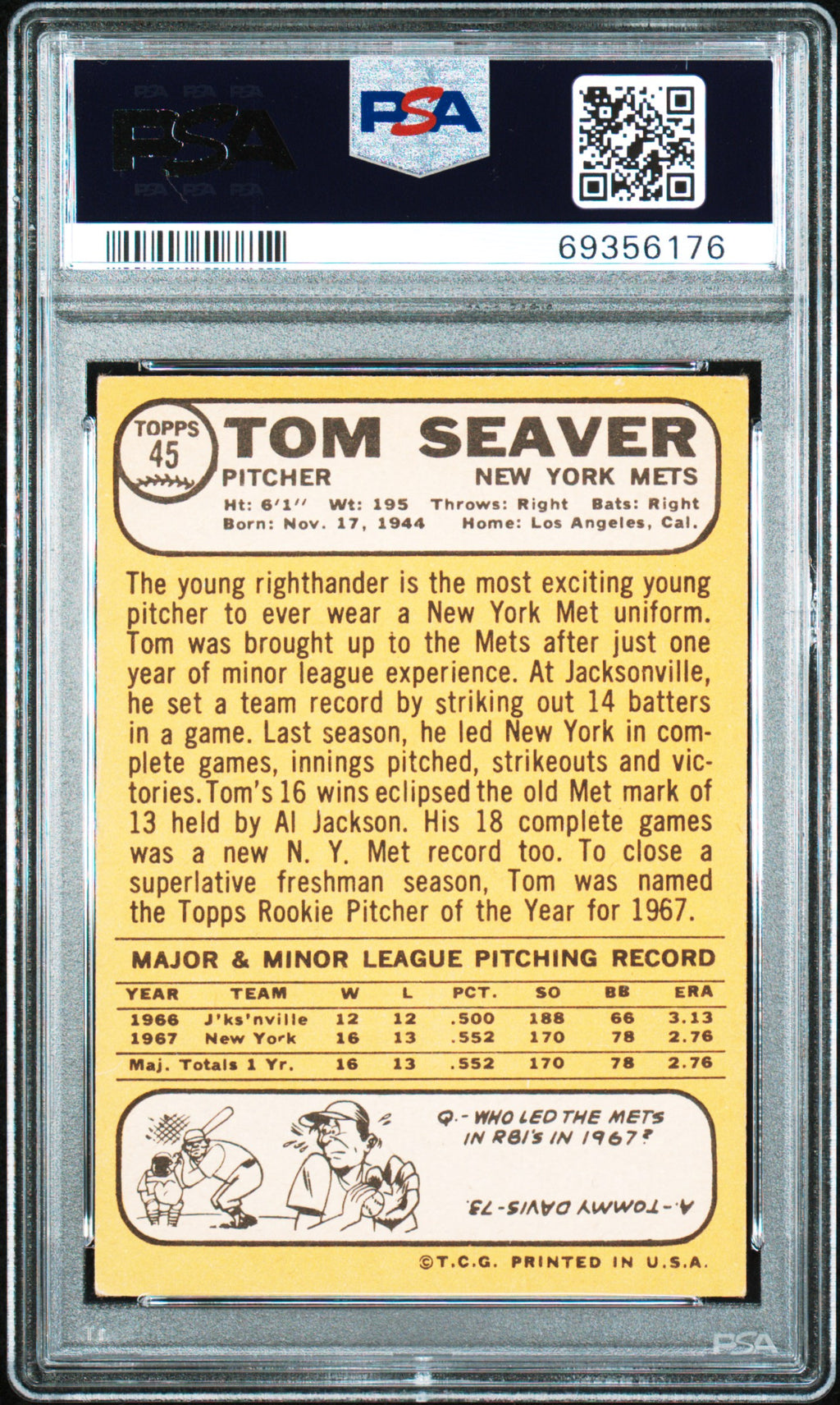 Tom Seaver 1968 Topps All Star Rookie New York Mets #45 PSA 4