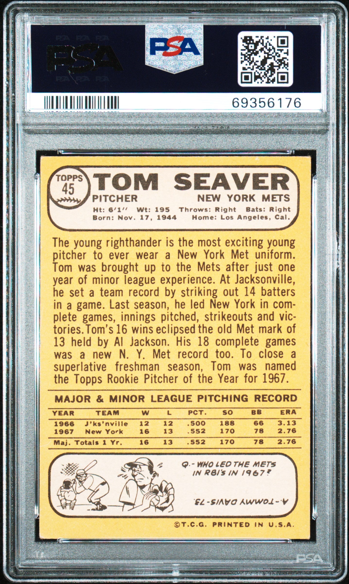 Tom Seaver 1968 Topps All Star Rookie New York Mets #45 PSA 4