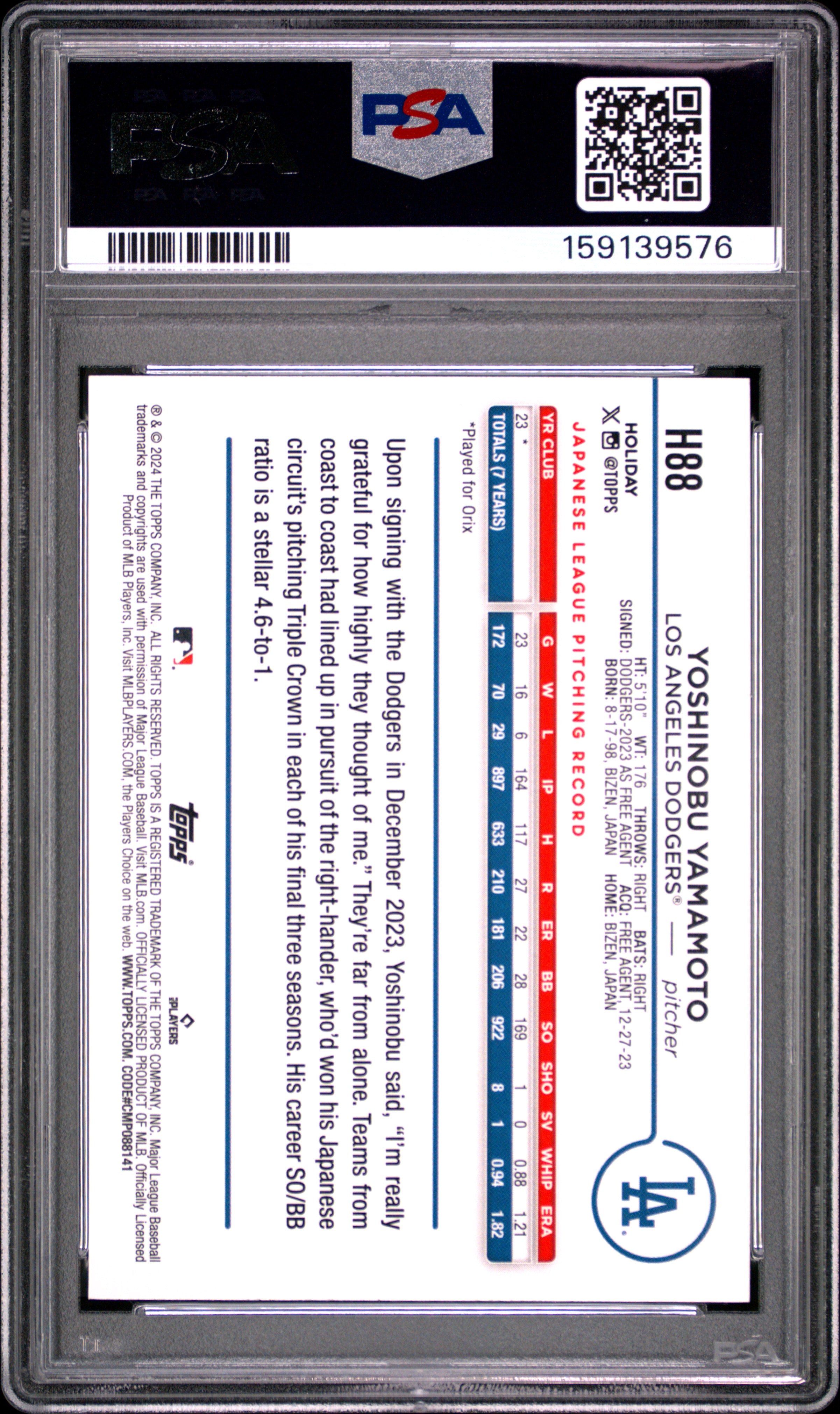 Yoshinobu Yamamoto 2024 Topps Holiday Blue Metallic Glitter RC LA Dodgers PSA 10