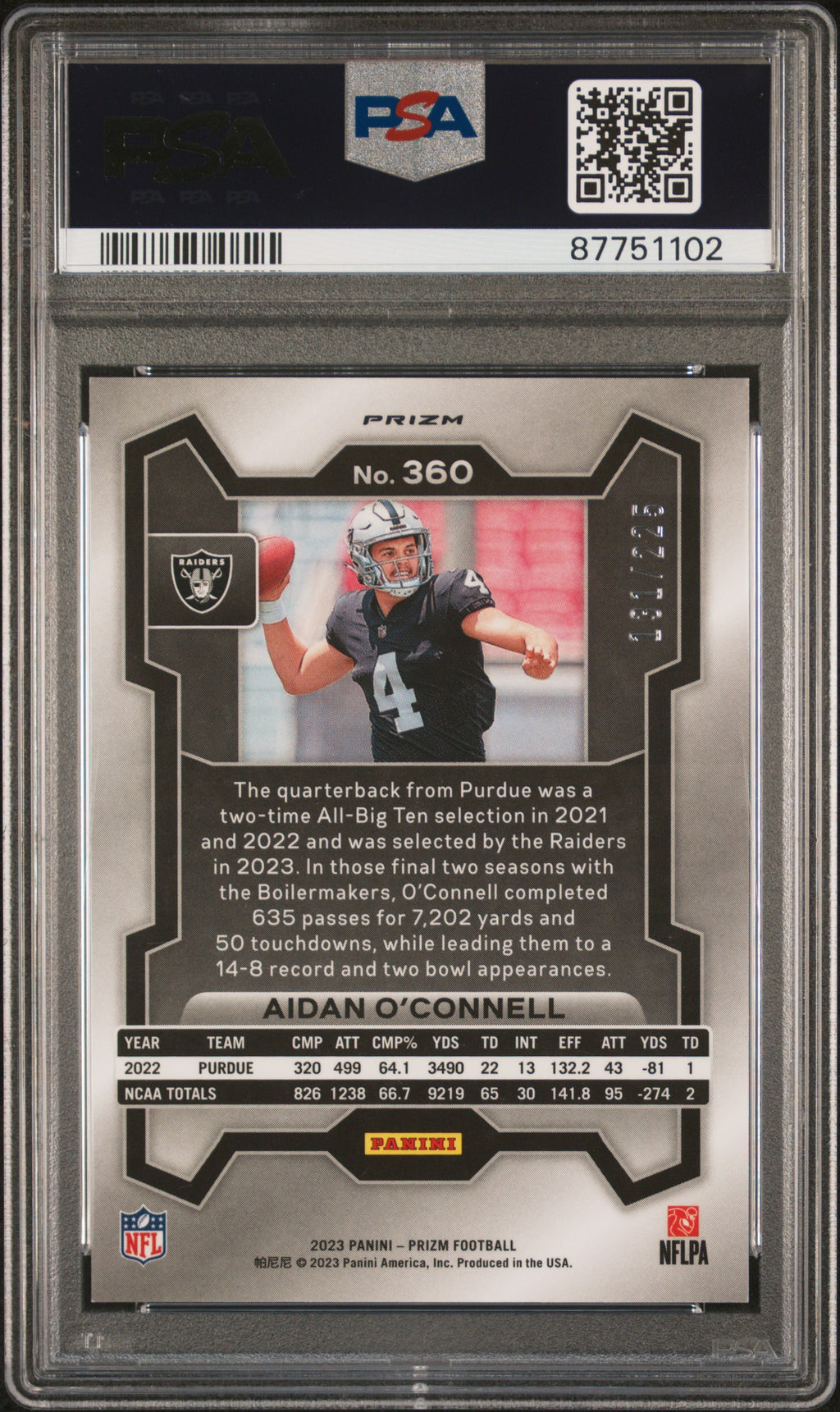 Aidan O'connell 2023-24 Prizm Purple Ice Rookie RC Raiders 131/225 PSA 9
