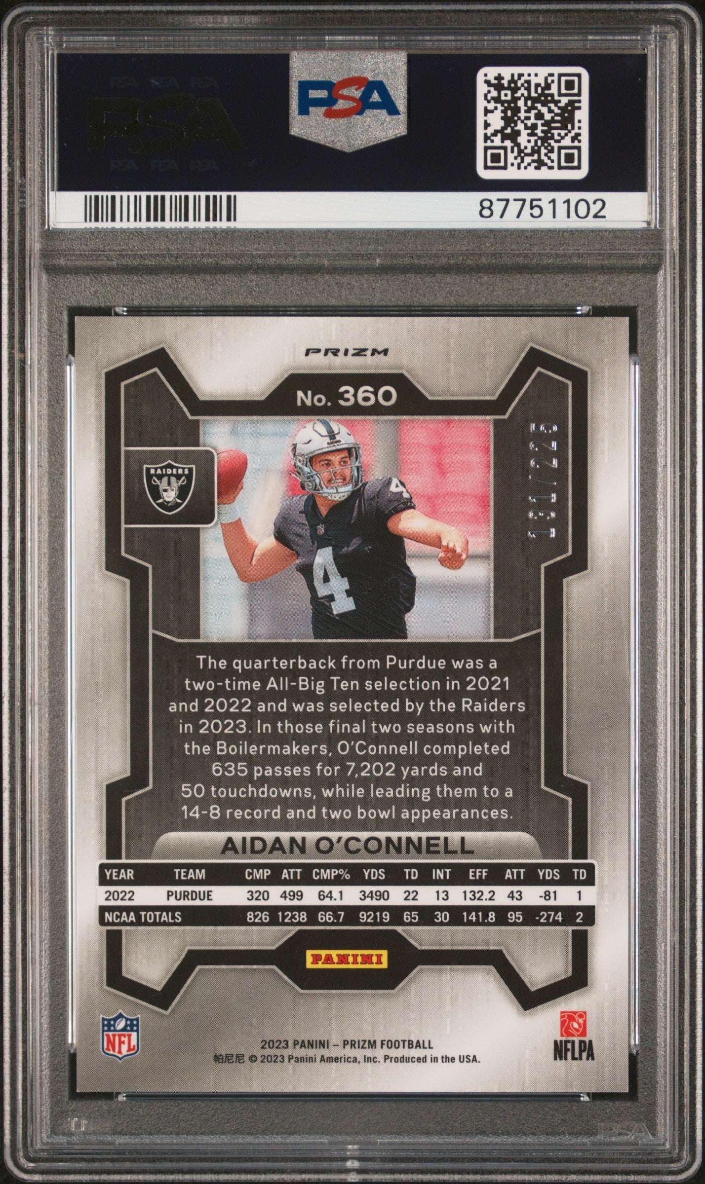 Aidan O'connell 2023-24 Prizm Purple Ice Rookie RC Raiders 131/225 PSA 9