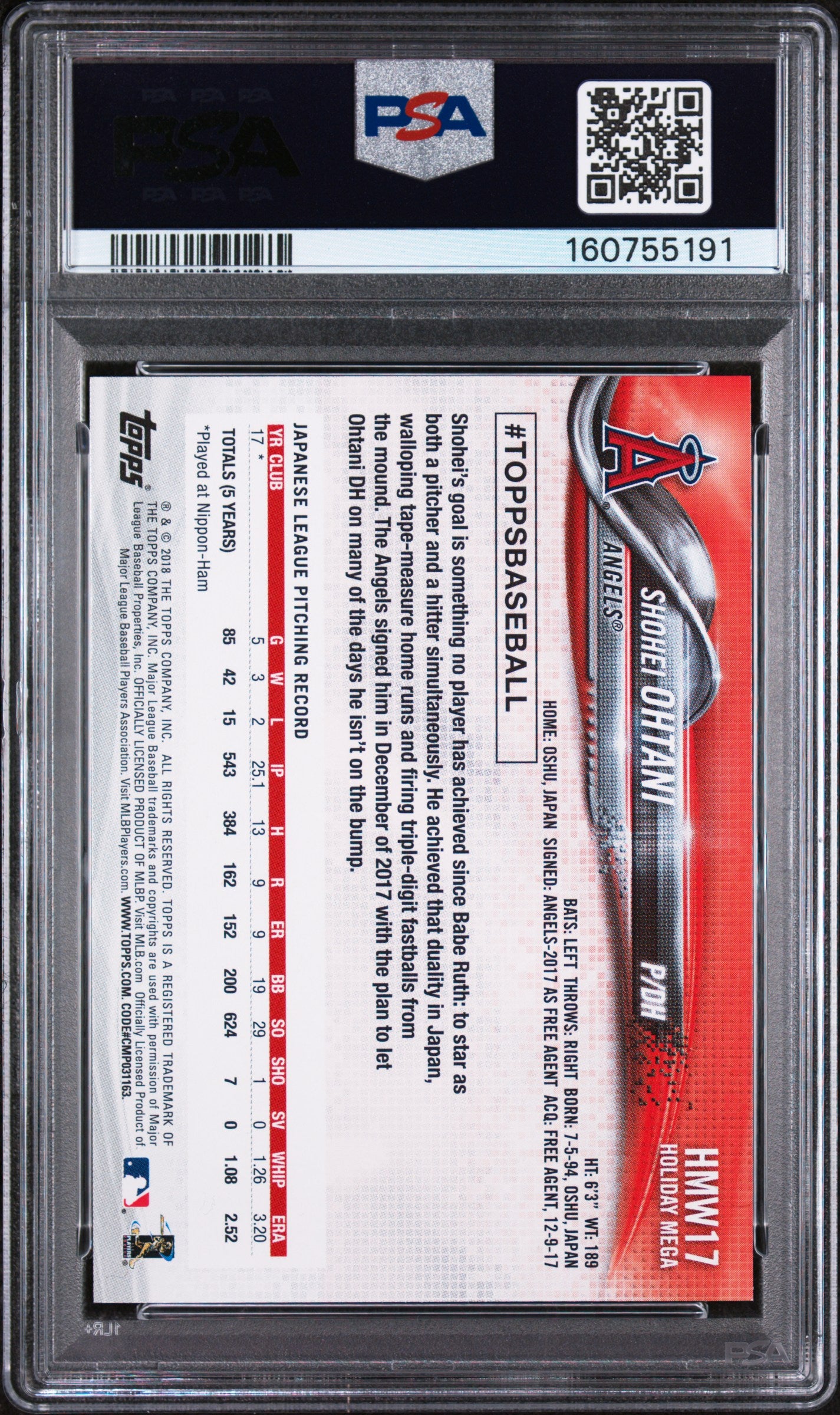 Shohei Ohtani 2018 Topps Holiday Rookie Card RC Los Angeles Angels #17 PSA 10