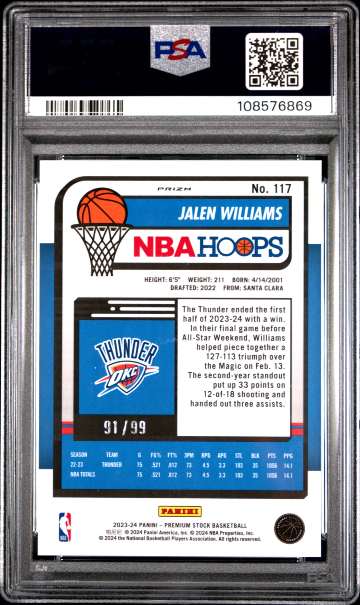 Jalen Williams 2023-24 Hoops Blue Ice Prizm OKC Thunder /99 PSA 9