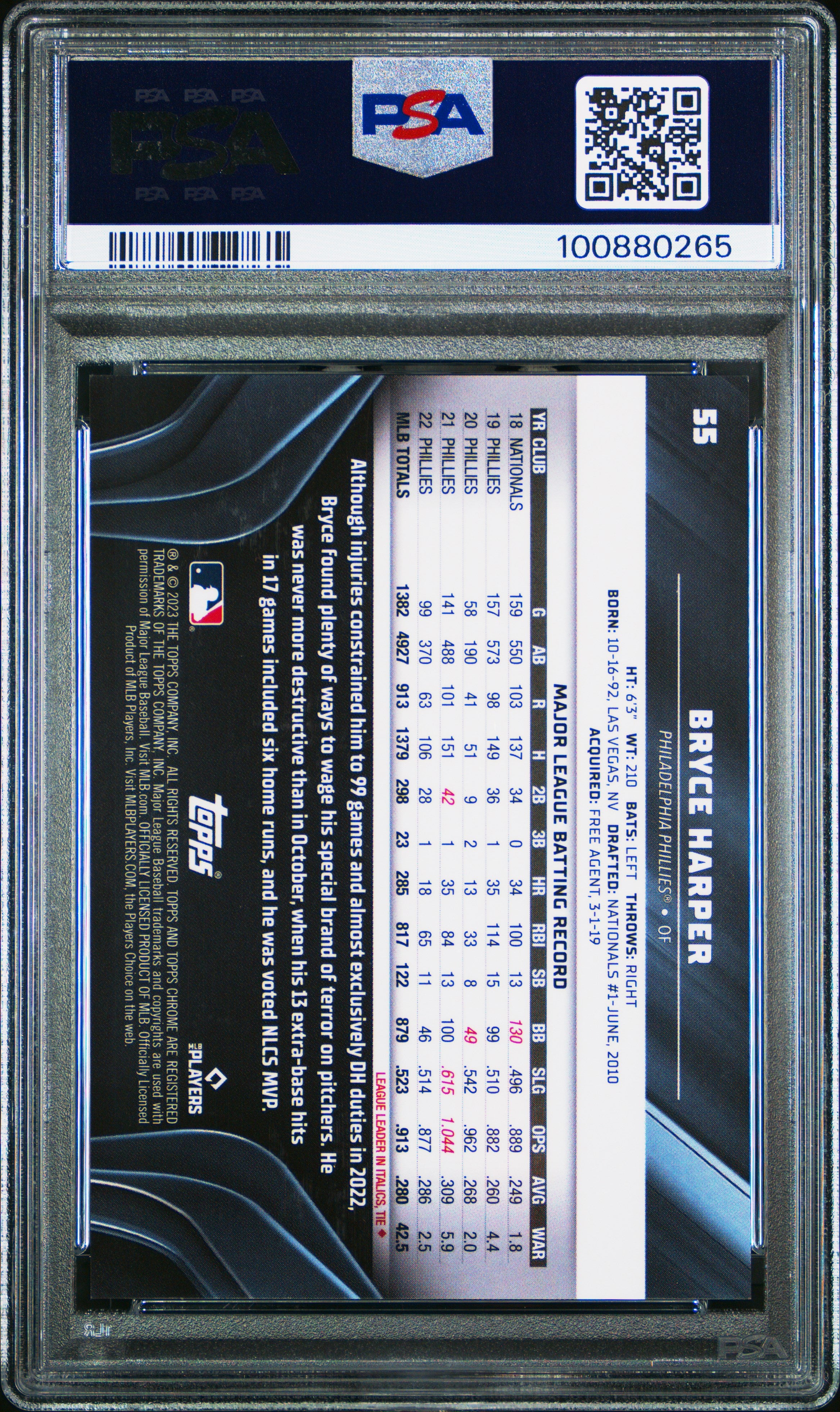 Bryce Harper 2023 Topps Chrome Black GOLD Refractor Phillies 50/50 PSA 9