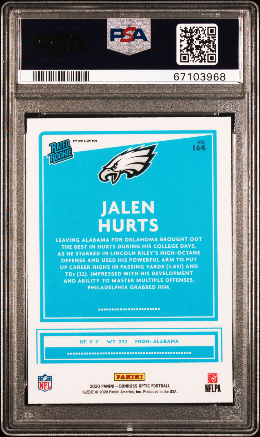 Jalen Hurts 2020 Optic Rated Rookie RC Holo Philadelphia Eagles #164 PSA 9