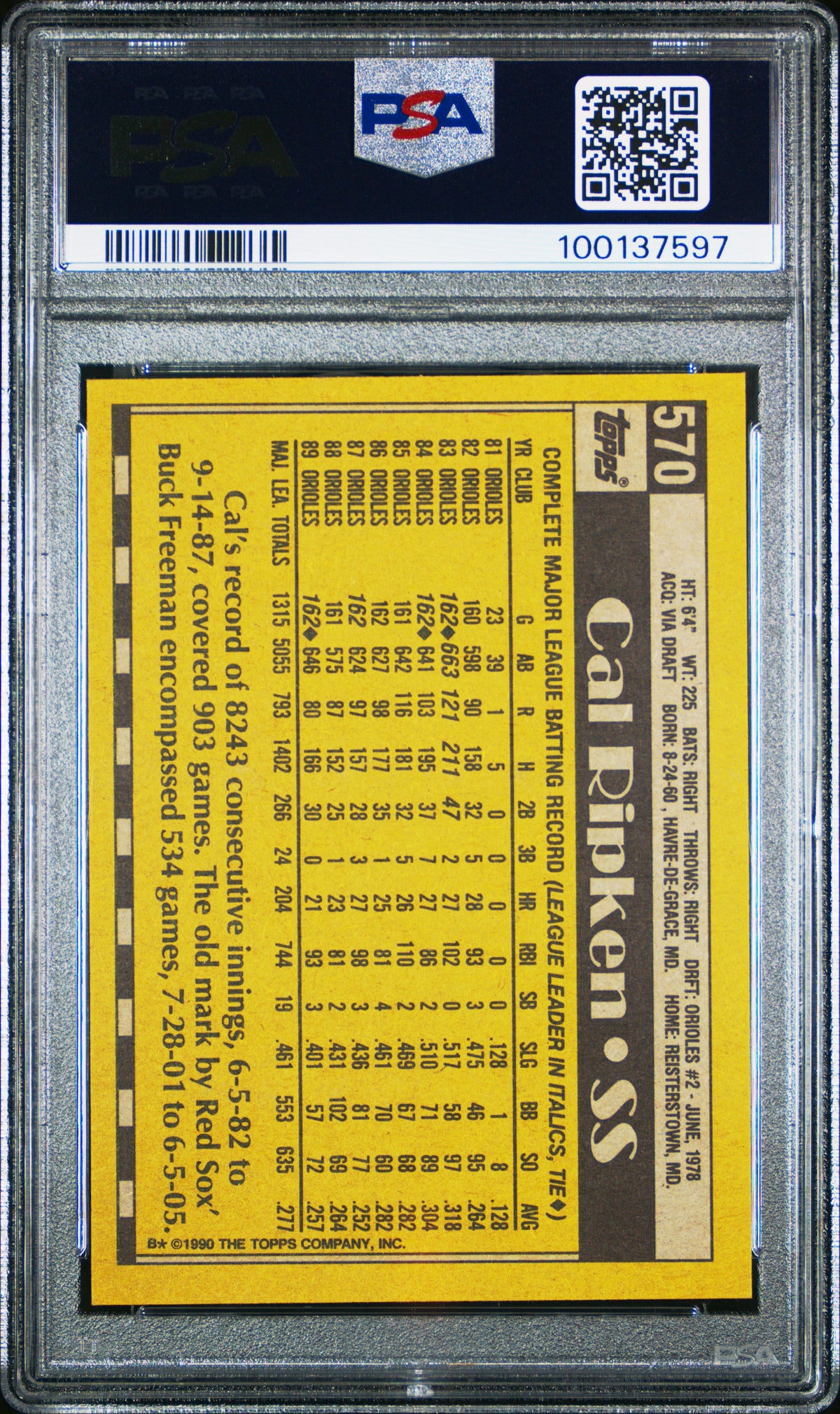Cal Ripken Jr. 1990 Topps Baltimore Orioles #570 PSA 10