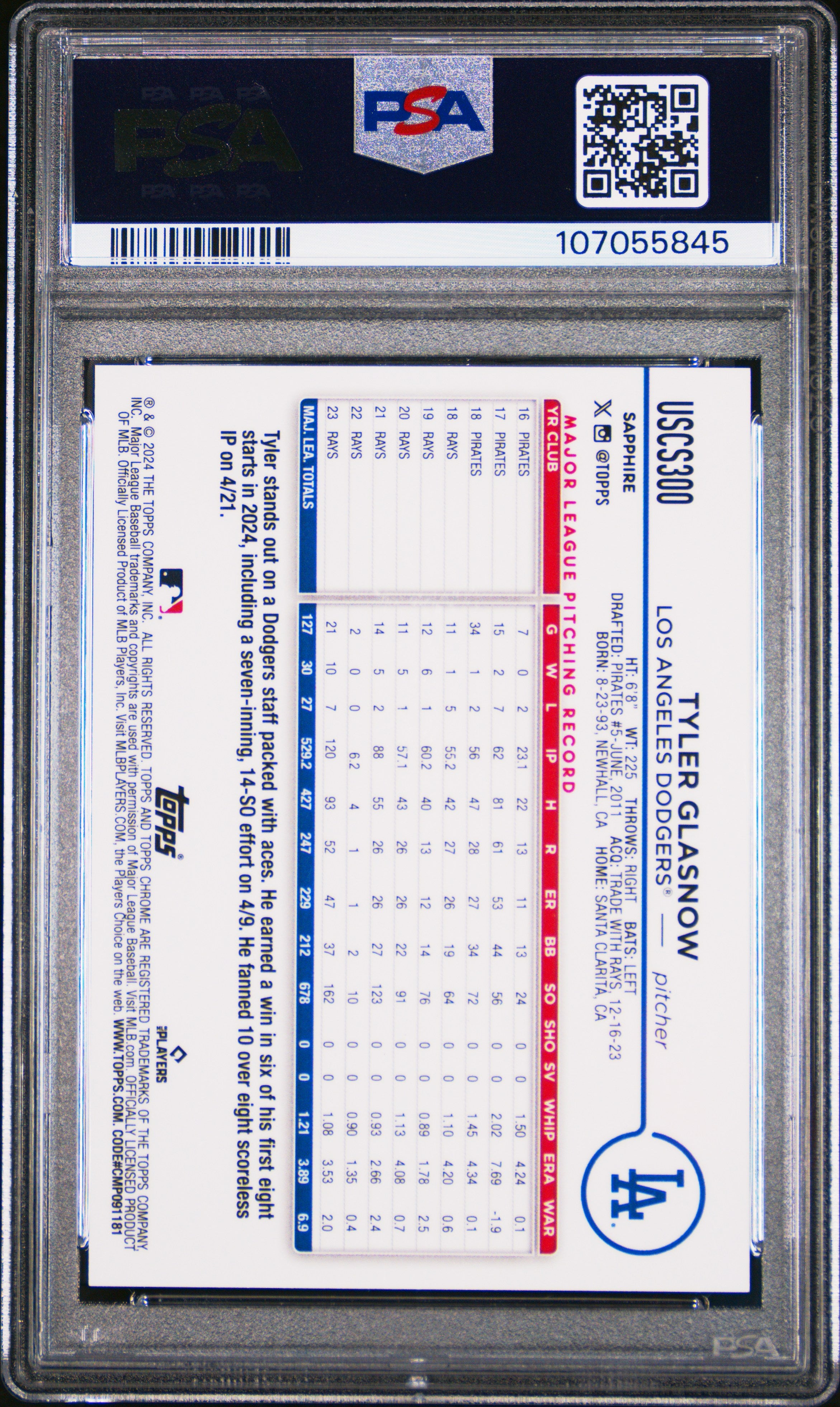 Tyler Glasnow 2024 Topps Chrome Sapphire Black Refractor Dodgers 3/10 PSA 10