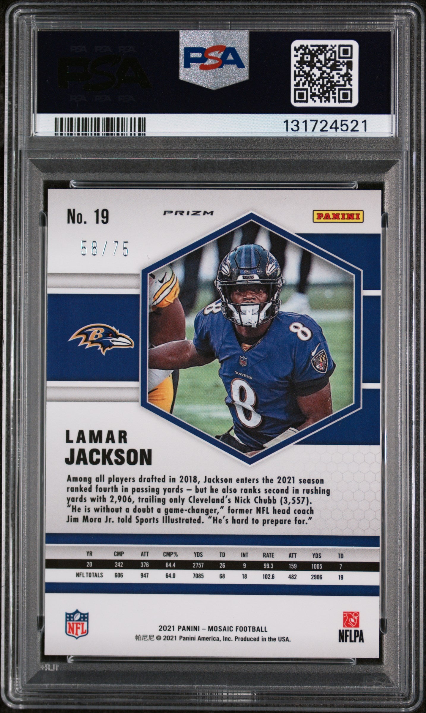 Lamar Jackson 2021 Mosaic No Huddle Blue Disco 58/75 Baltimore Ravens PSA 10