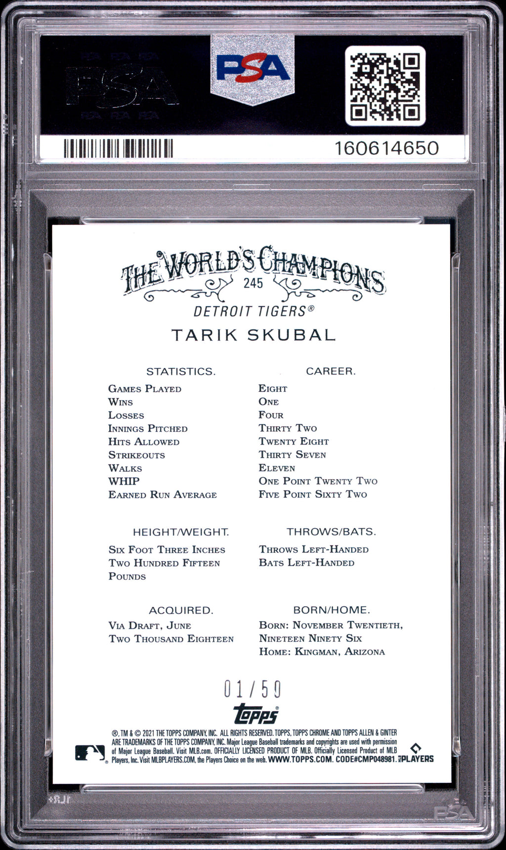 Tarik Skubal 2021 Allen & Ginter GOLD Refractor Rookie RC Tigers 1/50 PSA 10