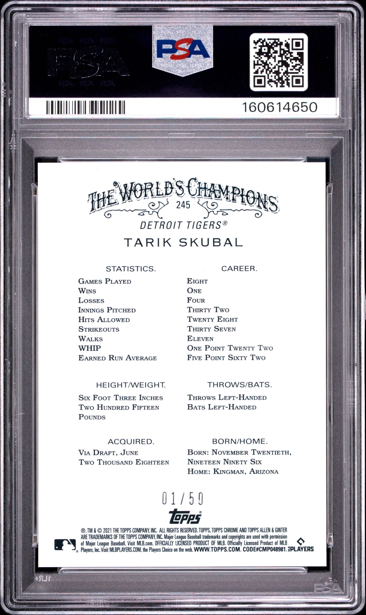 Tarik Skubal 2021 Allen & Ginter GOLD Refractor Rookie RC Tigers 1/50 PSA 10
