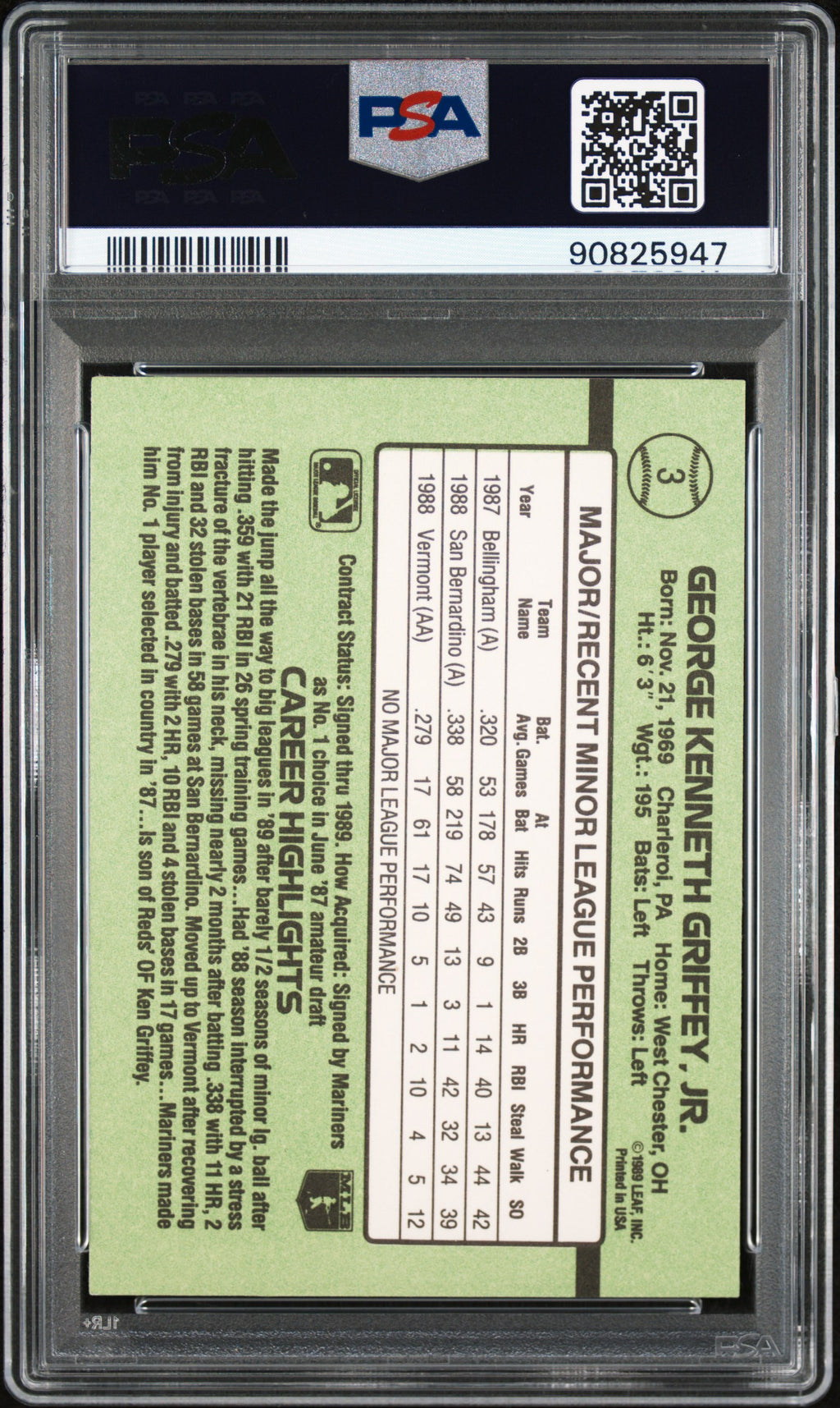 Ken Griffey Jr. 1989 Donruss The Rookies RC Seattle Mariners #3 PSA 9