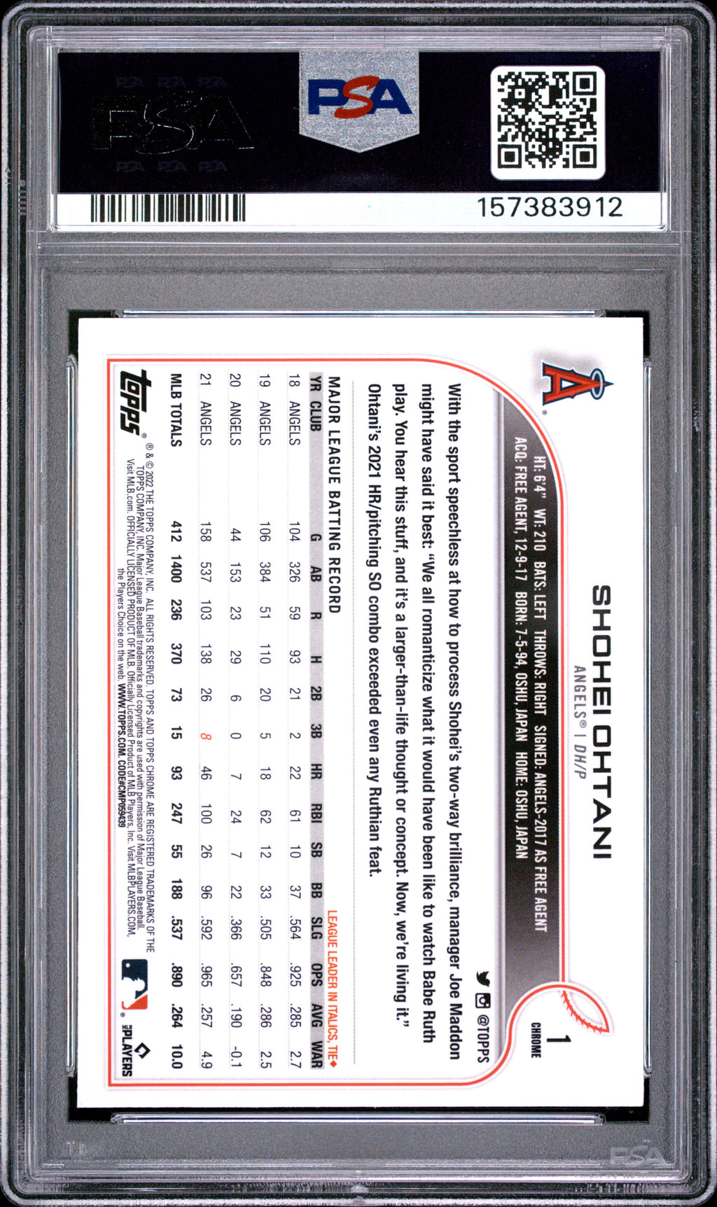 Shohei Ohtani 2022 Topps Chrome Sonic Black White Raywave Angels PSA 8