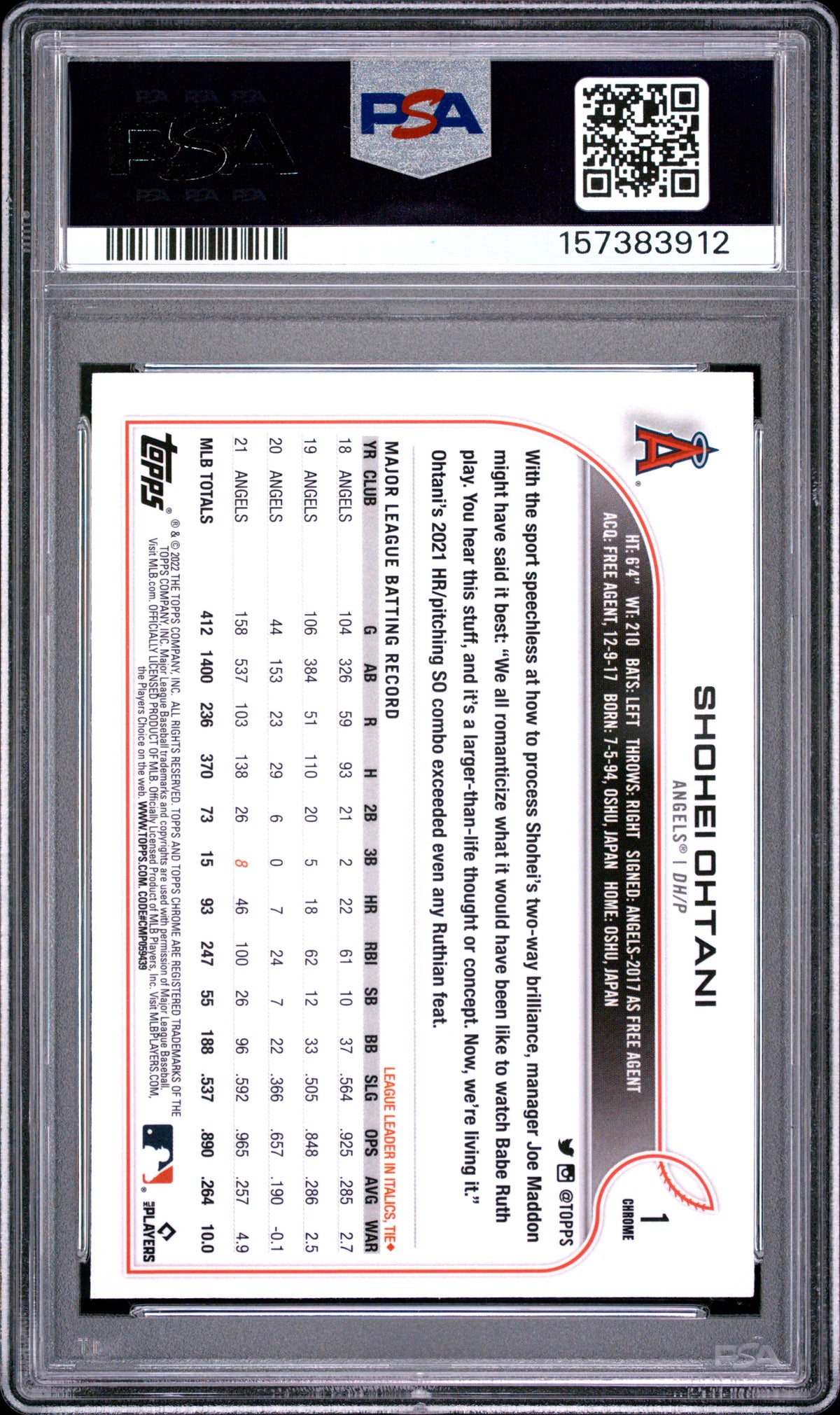 Shohei Ohtani 2022 Topps Chrome Sonic Black White Raywave Angels PSA 8