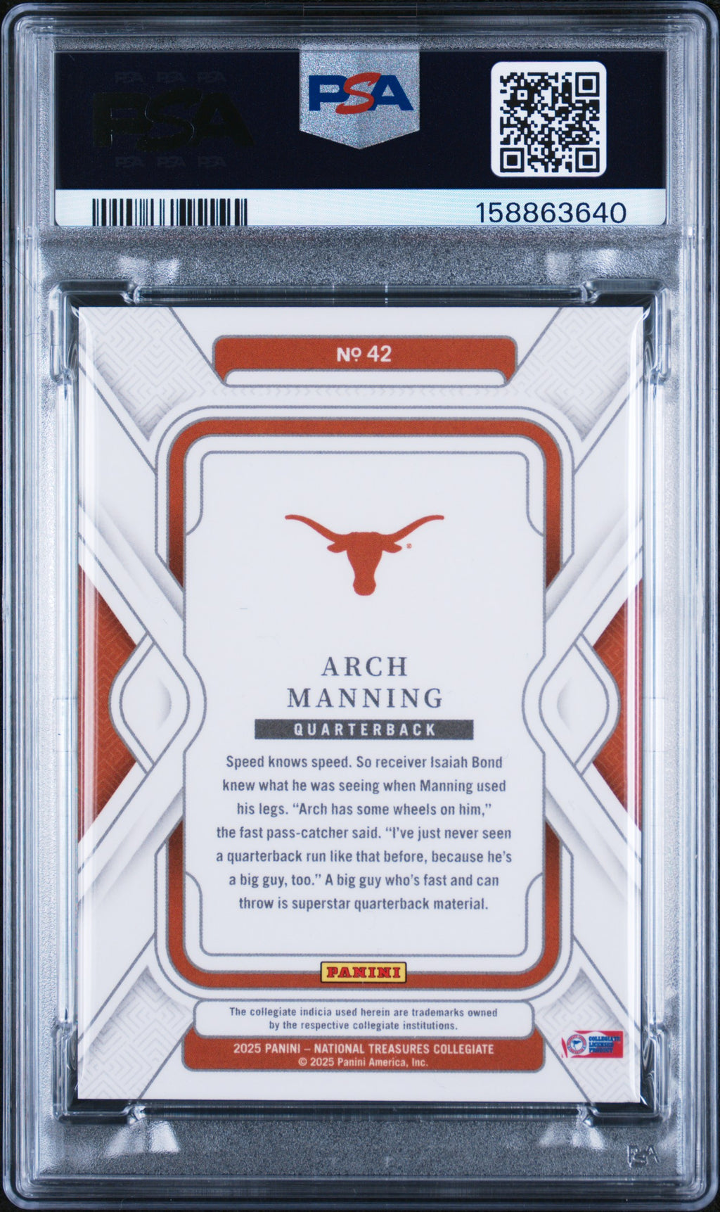 Arch Manning 2025 National Treasures Emerald Rookie RC Texas Longhorns 3/5 PSA 9