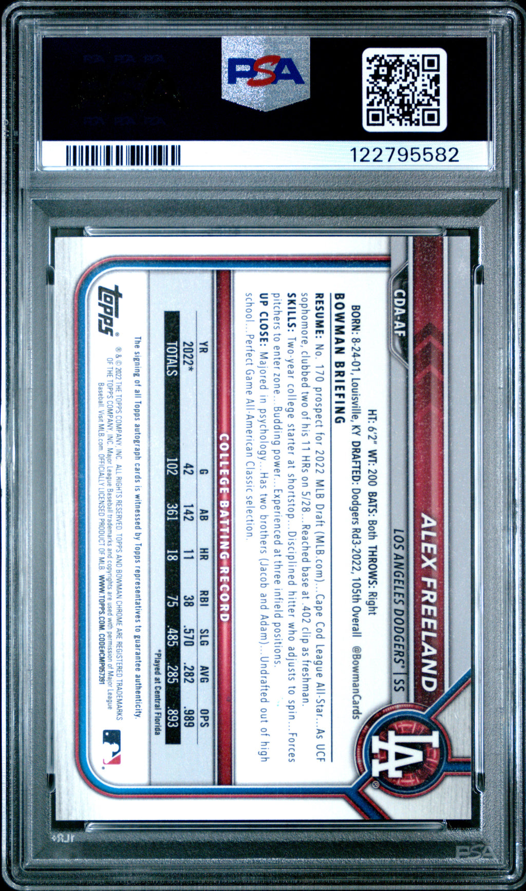 Alex Freeland 2022 Bowman Chrome 1st Auto Autograph RC Dodgers PSA 9
