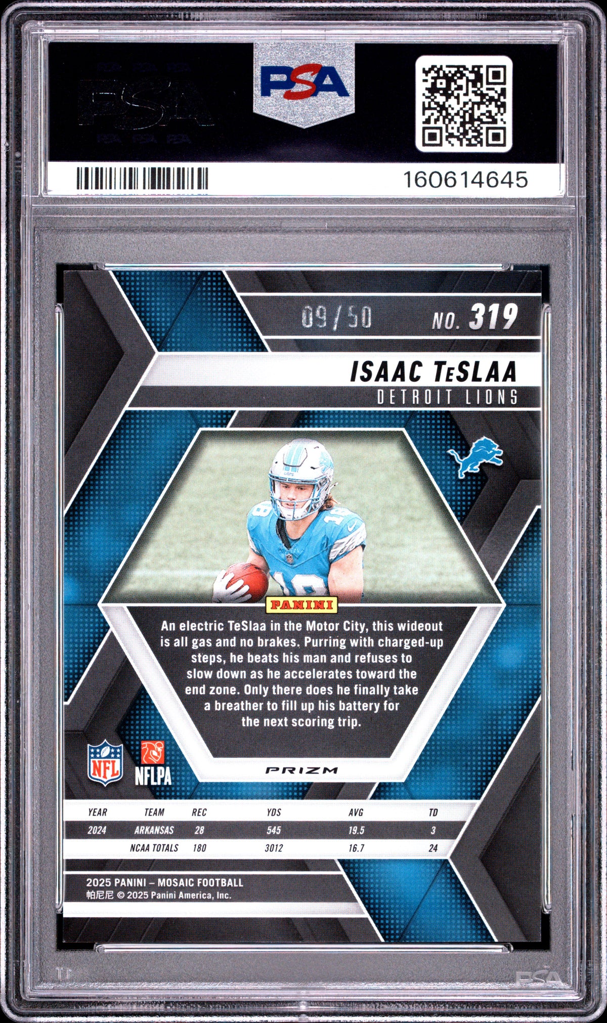Isaac Teslaa 2025 Mosaic Purple No Huddle Disco RC Detroit Lions 9/50 PSA 10