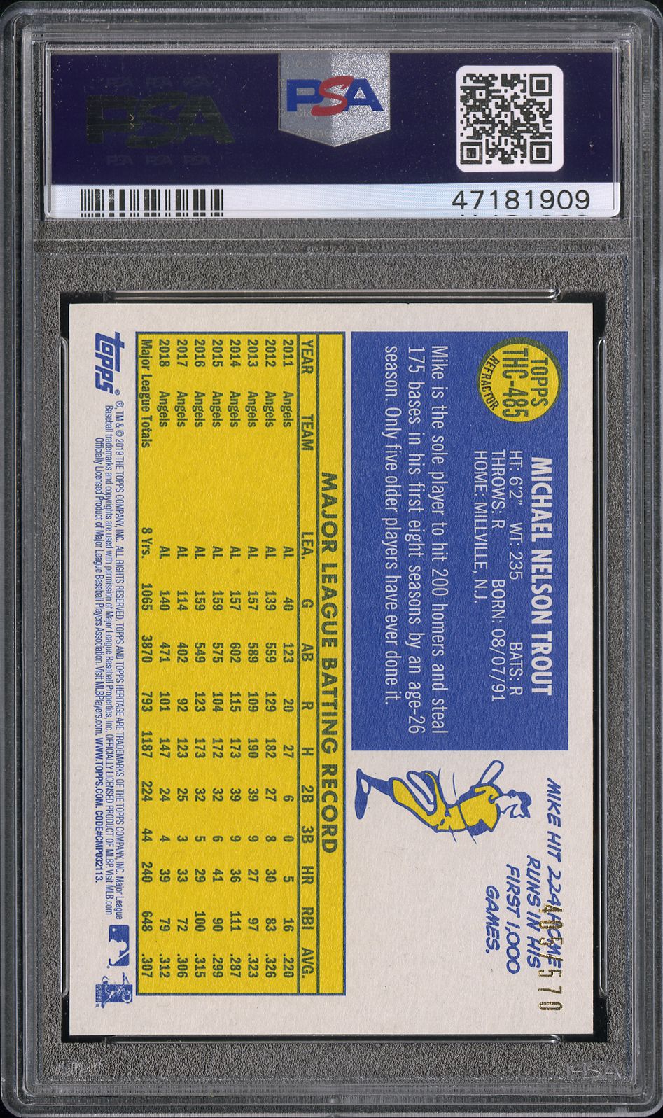 Mike Trout 2019 Topps Heritage Chrome Refractor LA Angels 405/570 PSA 10