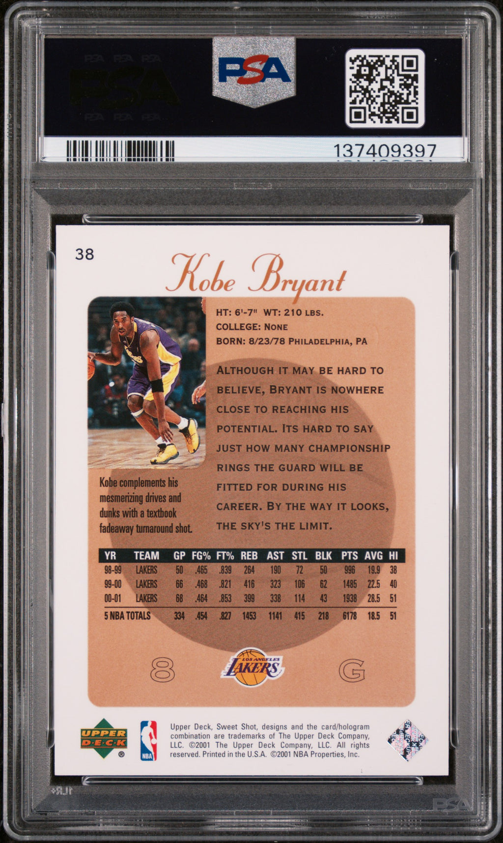 Kobe Bryant 2001 Upper Deck Sweet Shot Los Angeles Lakers #38 PSA 10