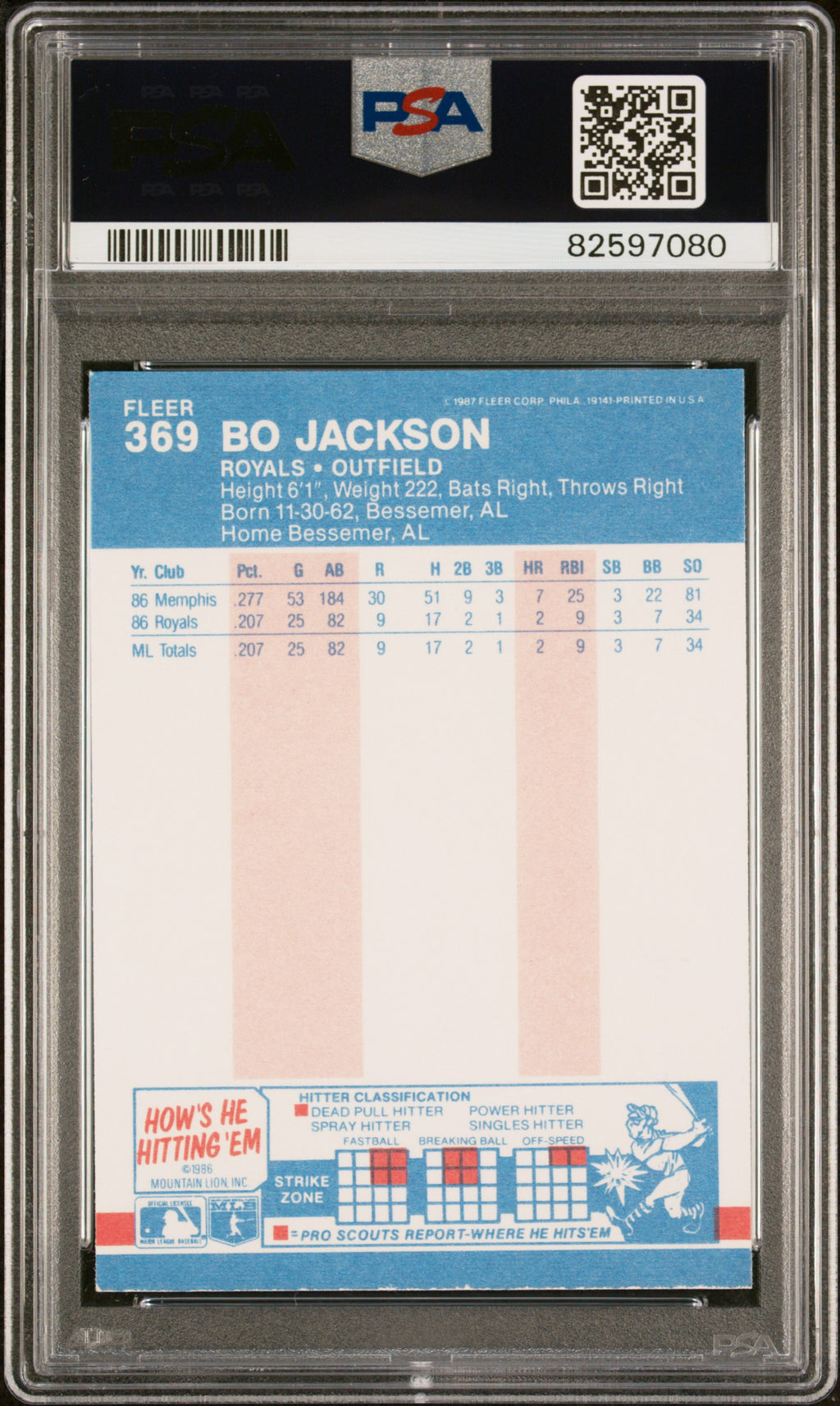 Bo Jackson 1987 Fleer Rookie Card RC Kansas City Royals #369 PSA 9