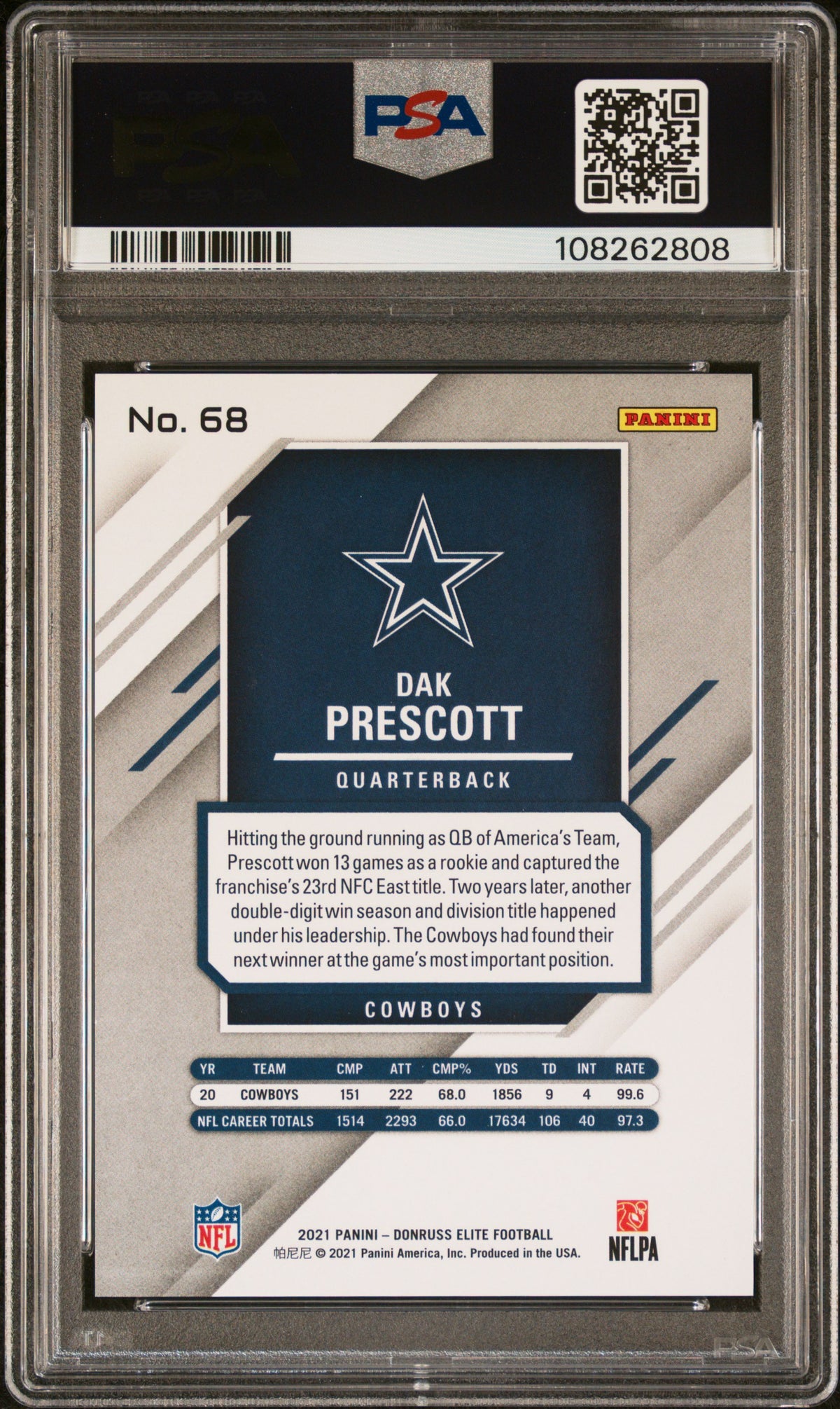 Dak Prescott 2021 Elite Blue Status Explosion Dallas Cowboys 17/275 PSA 10
