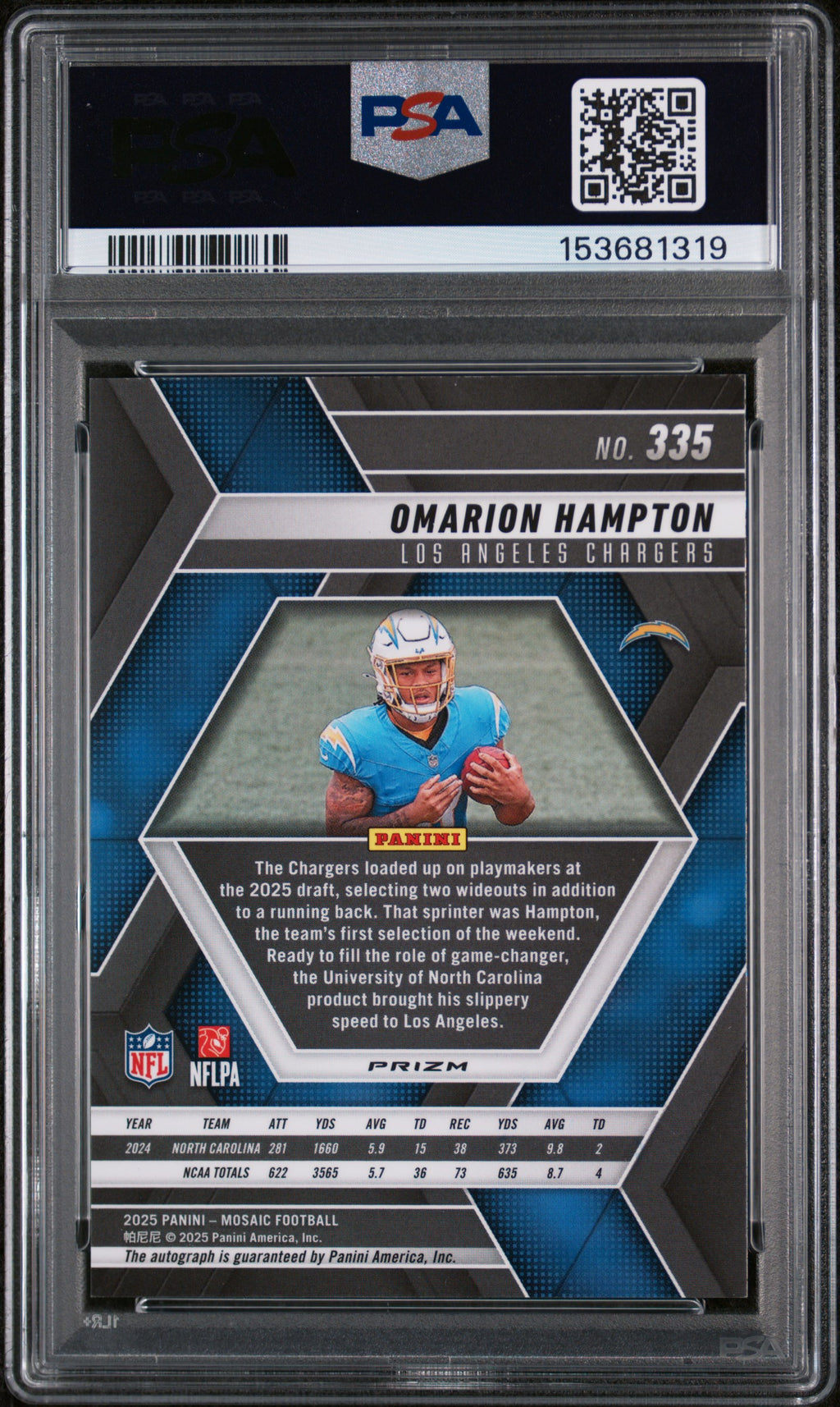 Omarion Hampton 2025 Mosaic Auto Autograph Blue Disco RC Chargers PSA 8