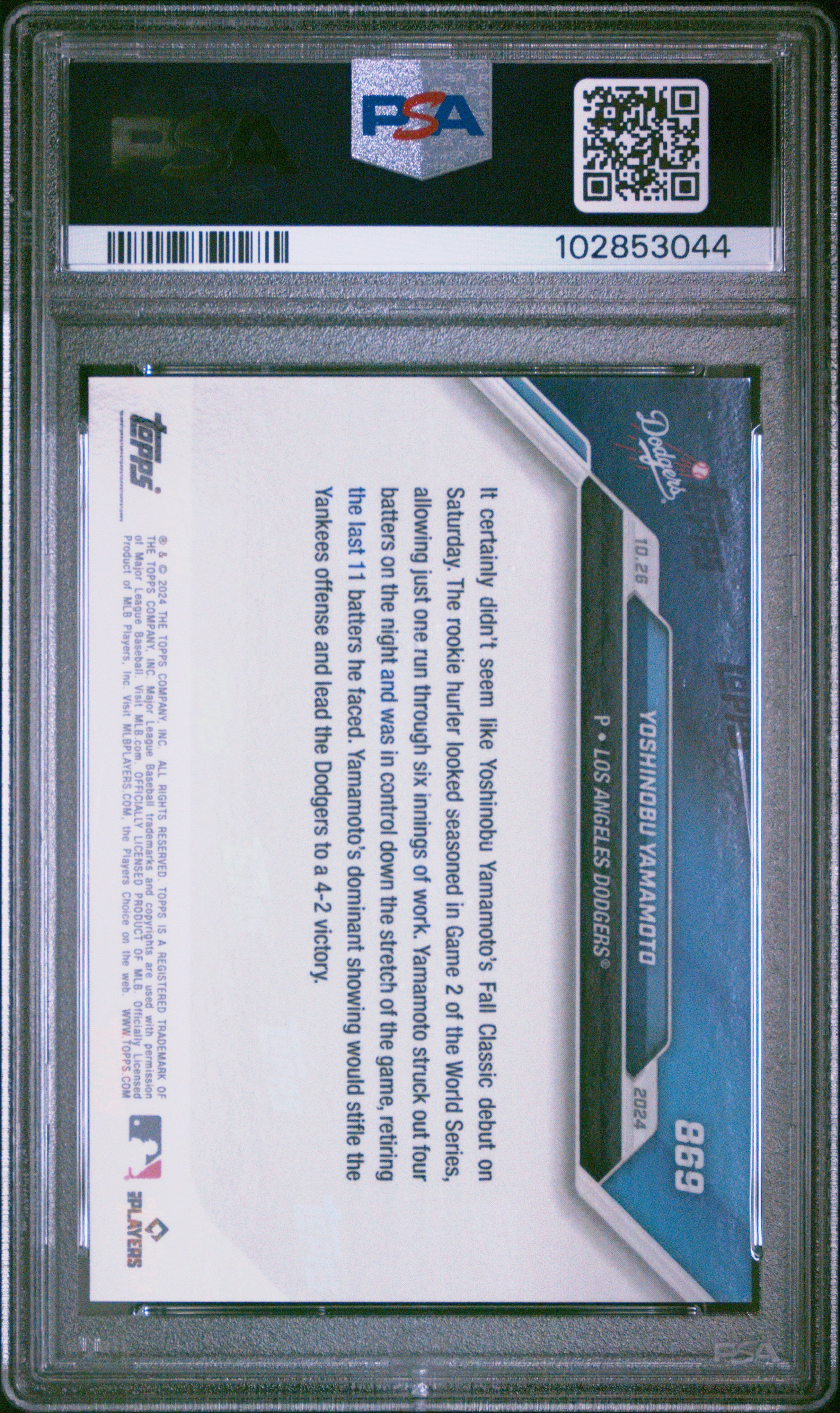 Yoshinobu Yamamoto 2024 Topps Now Rookie RC Los Angeles Dodgers #869 PSA 10