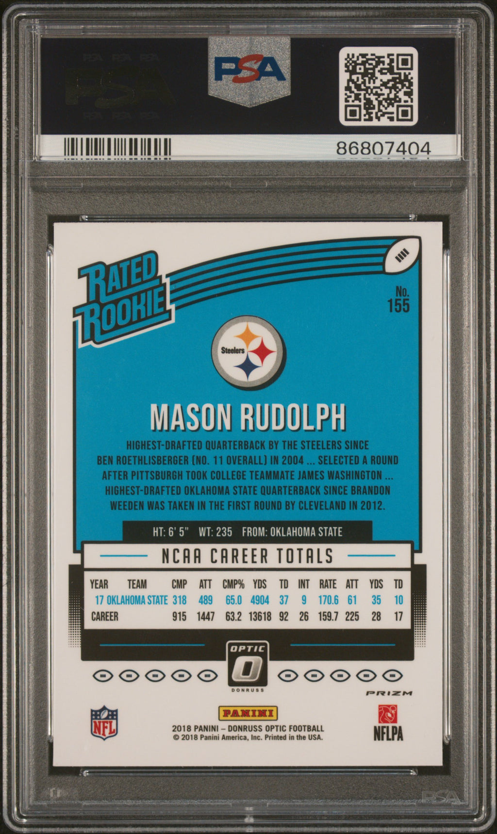 Mason Rudolph 2018 Optic Rated Rookie RC Holo Pittsburgh Steelers PSA 10 POP 23