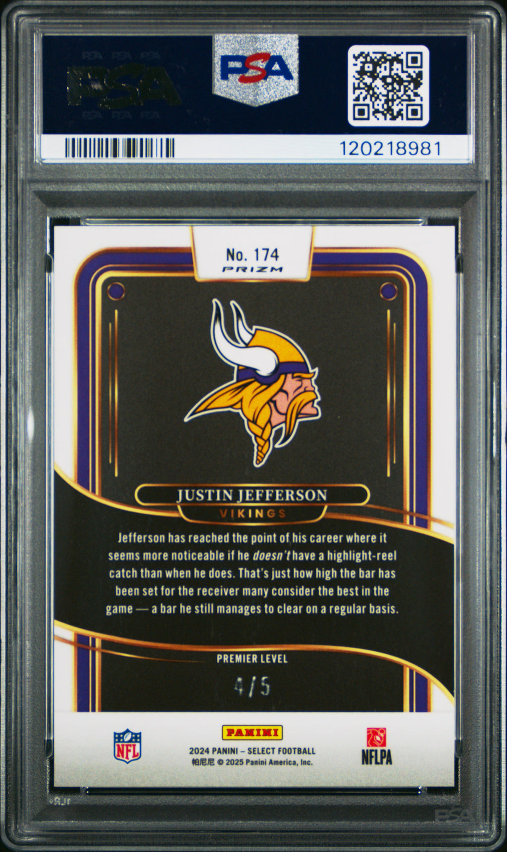 Justin Jefferson 2024 Select Green Disco Prizm SSP Minnesota Vikings 4/5 PSA 10