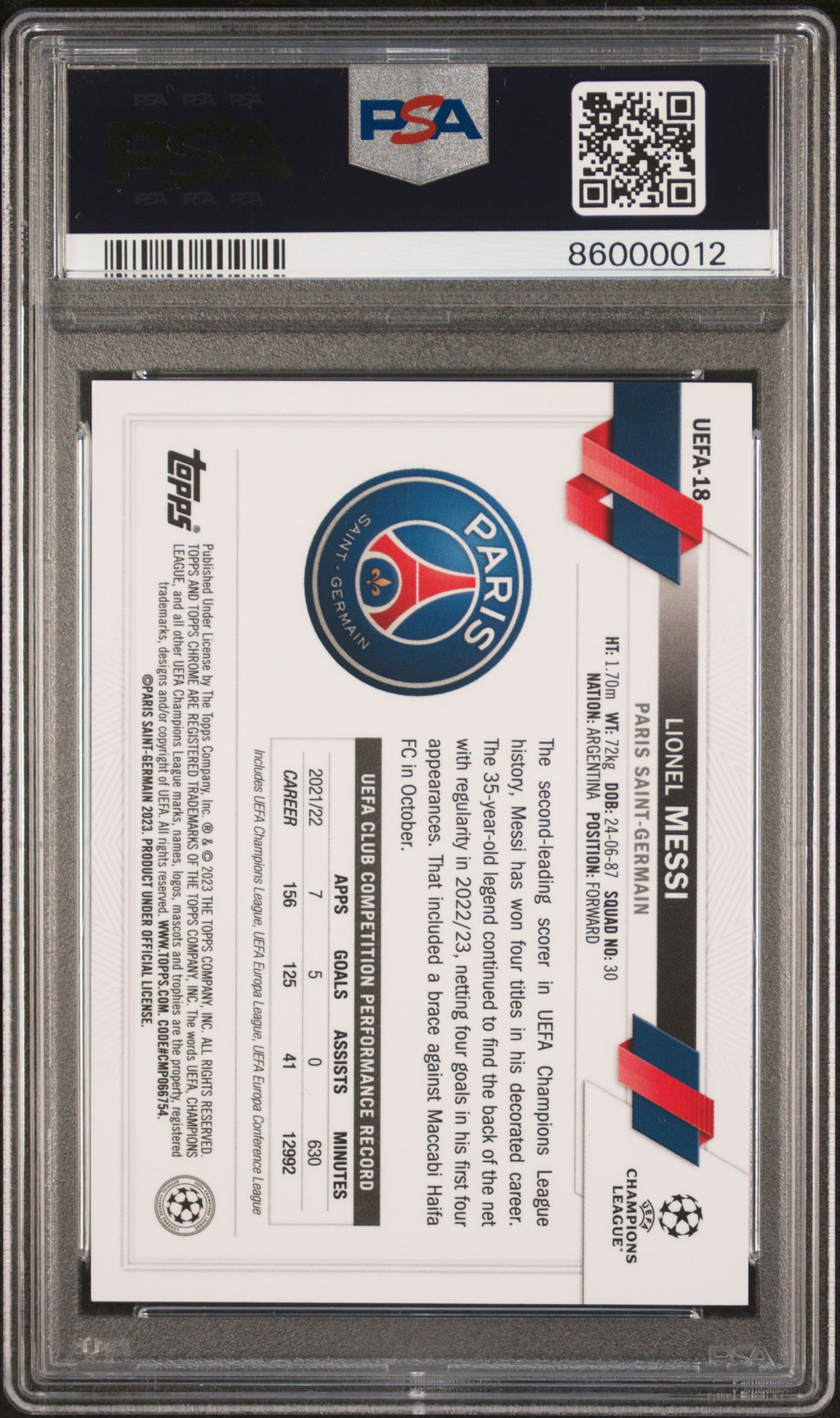 Lionel Messi 2023 Topps Chrome Orange Refractor Paris Saint-Germain 11/25 PSA 9