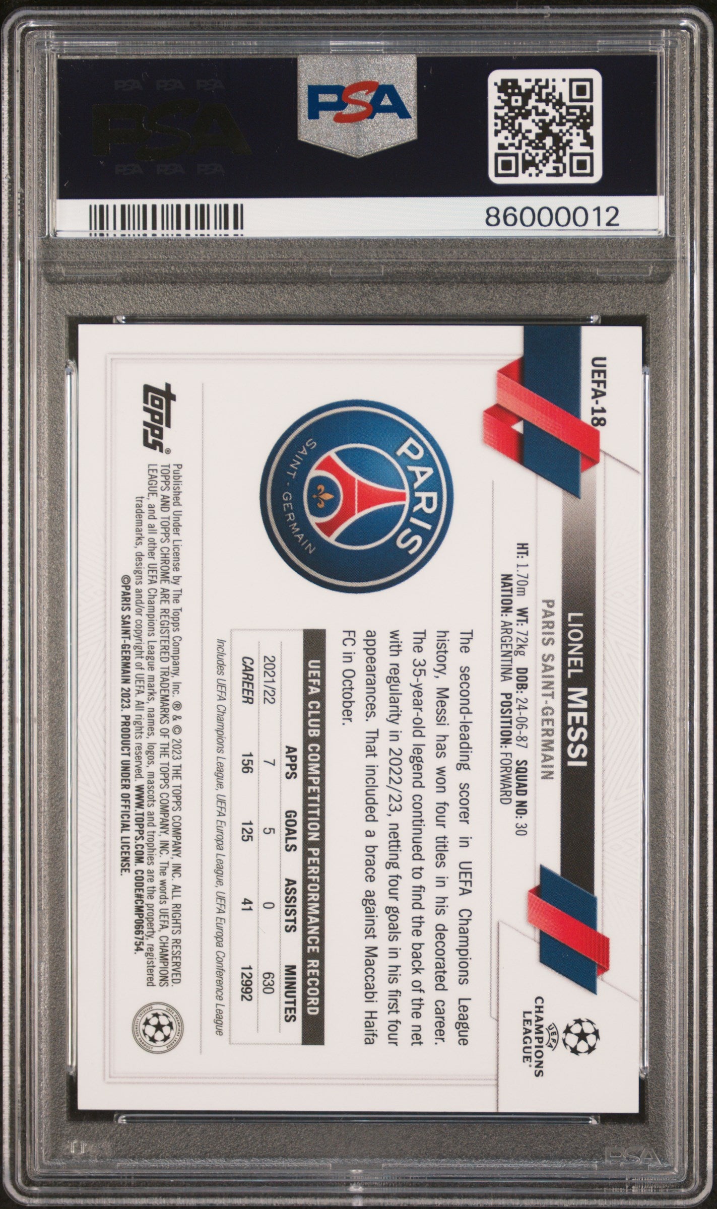 Lionel Messi 2023 Topps Chrome Orange Refractor Paris Saint-Germain 11/25 PSA 9
