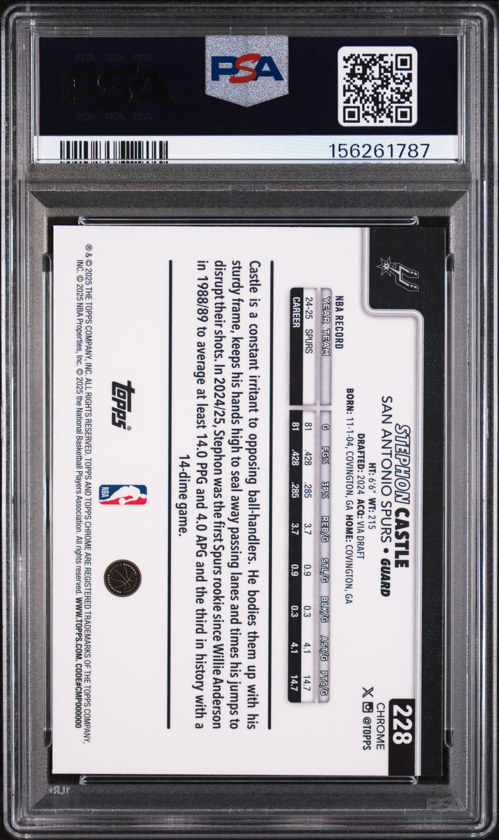 Stephon Castle 2025 Topps Chrome Red White And Blue Refractor Spurs #228 PSA 10
