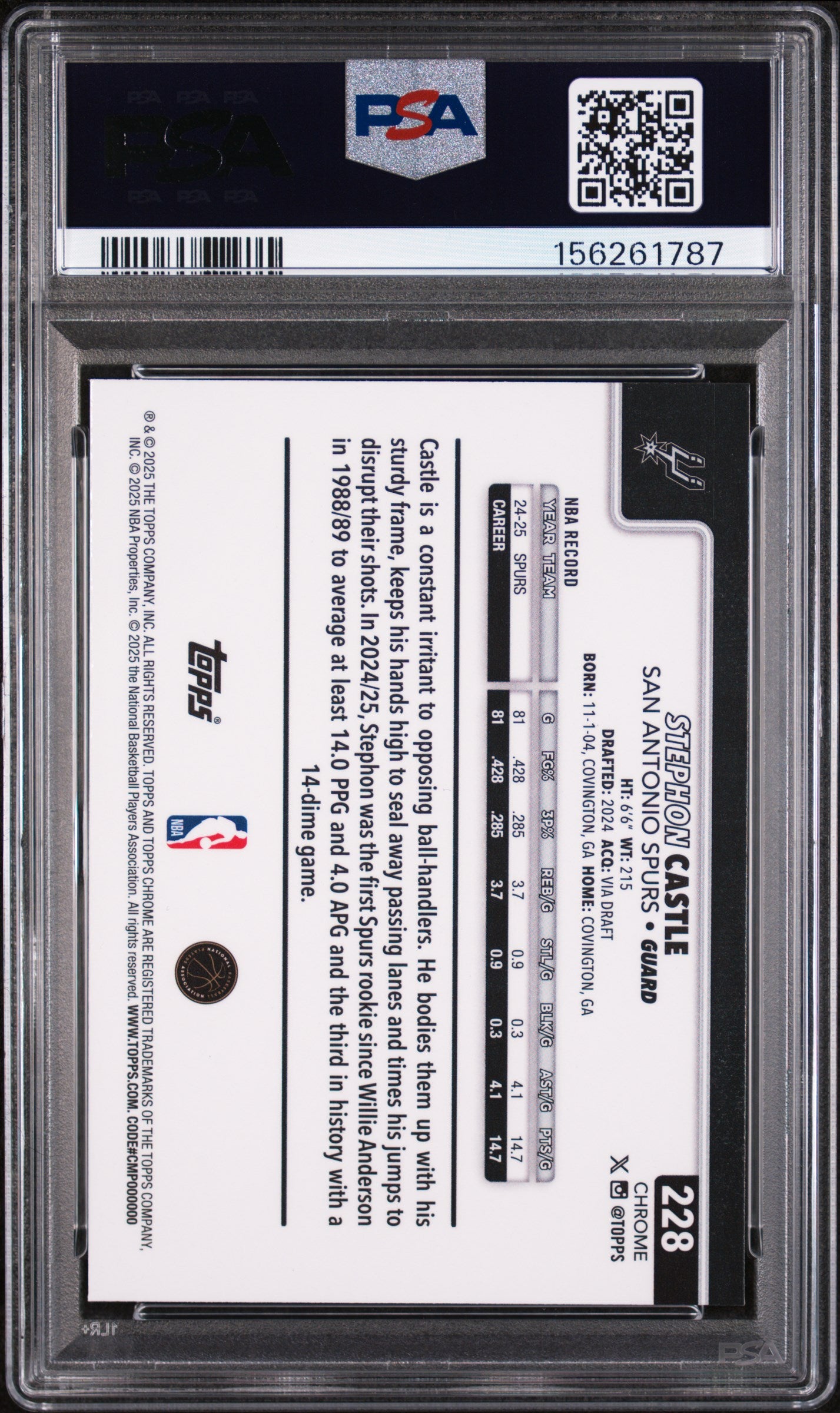 Stephon Castle 2025 Topps Chrome Red White And Blue Refractor Spurs #228 PSA 10