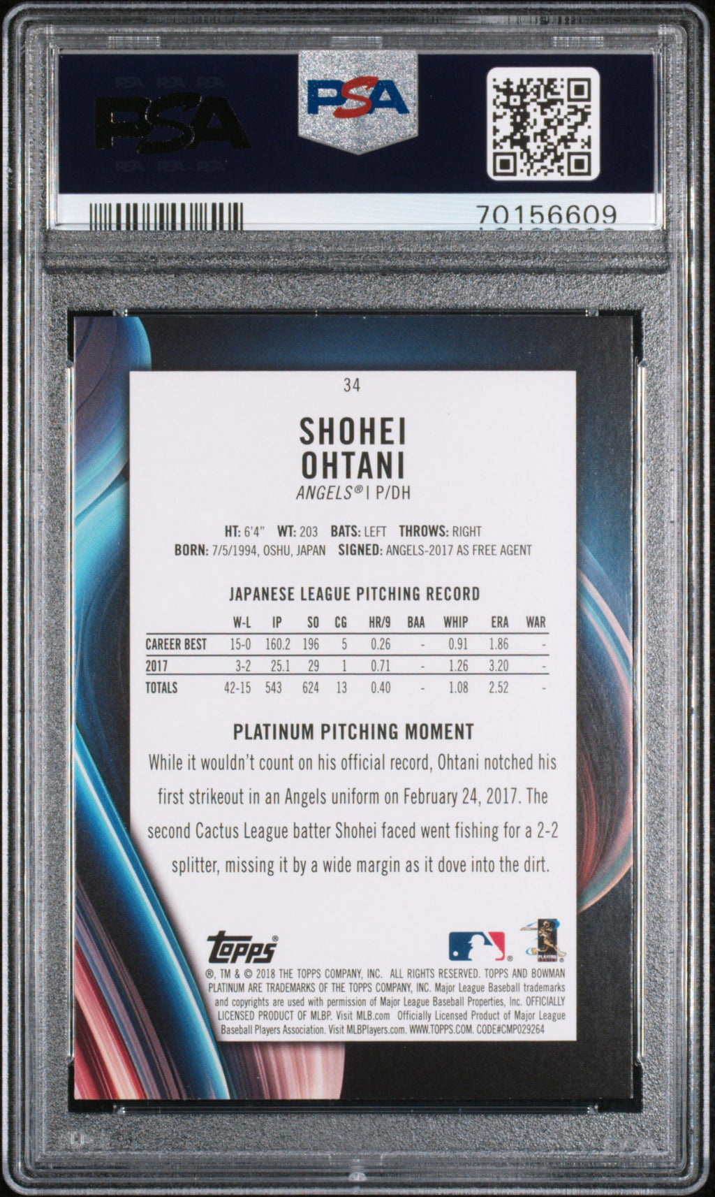Shohei Ohtani 2018 Bowman Platinum With Glove Rookie RC LA Angels #34 PSA 9