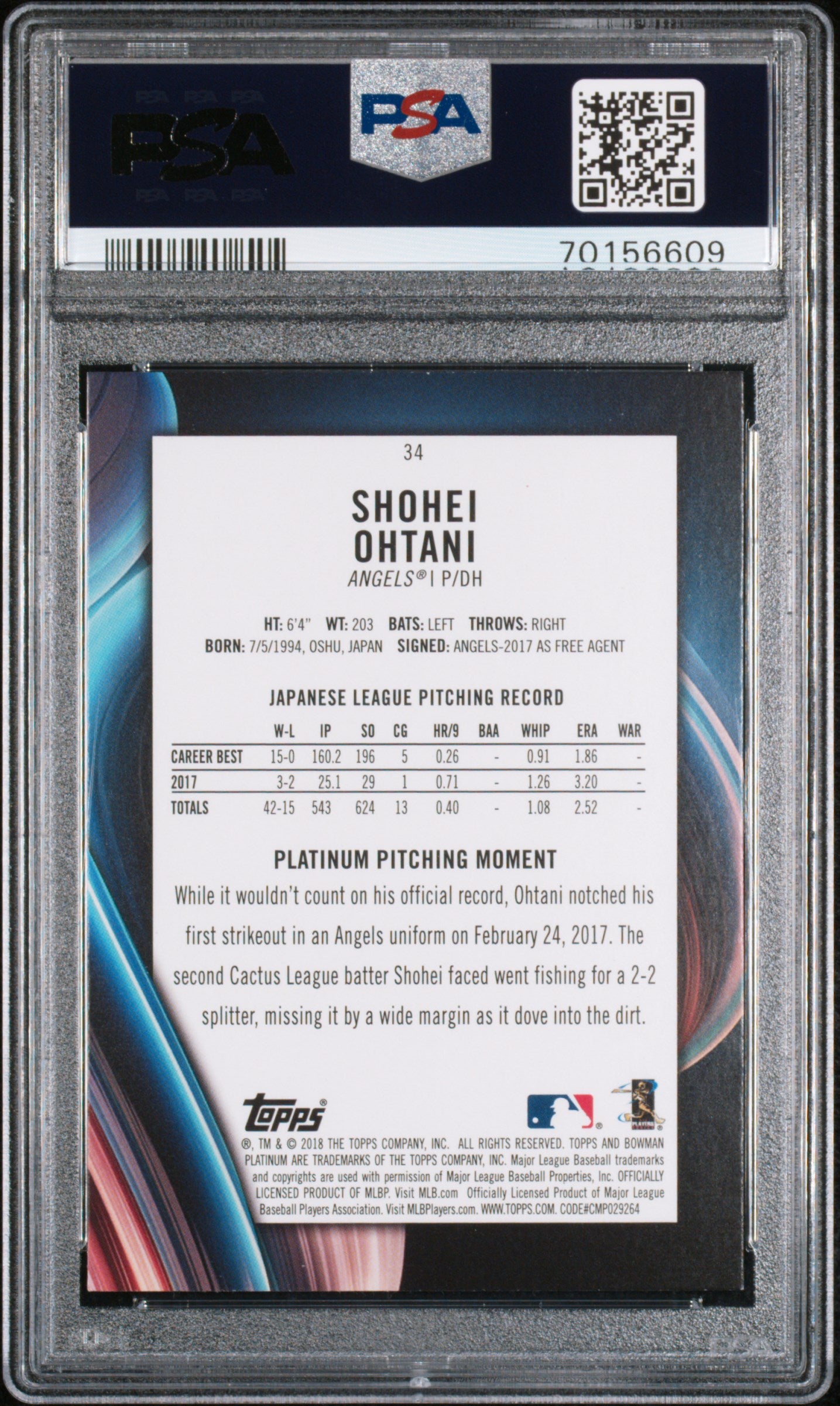 Shohei Ohtani 2018 Bowman Platinum With Glove Rookie RC LA Angels #34 PSA 9