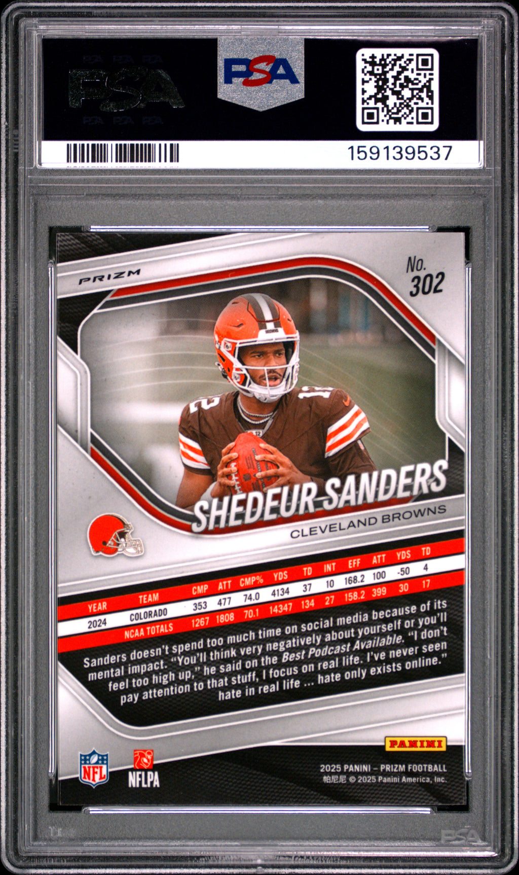 Shedeur Sanders 2025 Prizm Silver Prizm Rookie RC Cleveland Browns #302 PSA 9