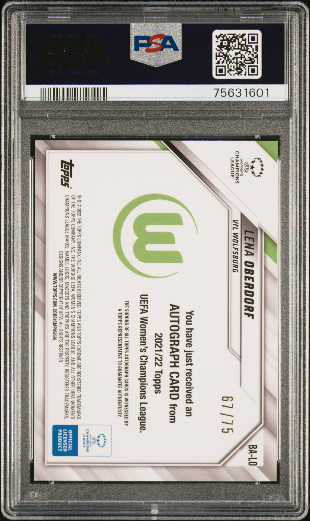 Lena Oberdorf 2021-22 Topps Chrome UEFA Auto Autograph Wolfsburg 67/75 PSA 9
