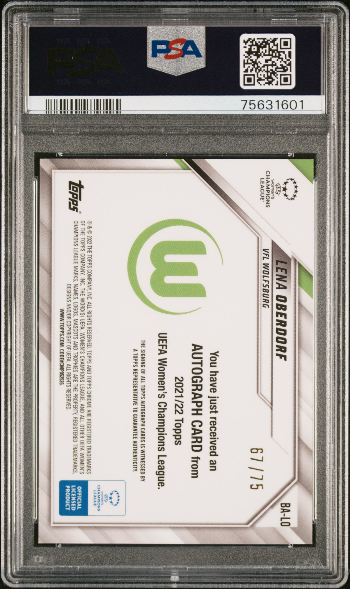 Lena Oberdorf 2021-22 Topps Chrome UEFA Auto Autograph Wolfsburg 67/75 PSA 9