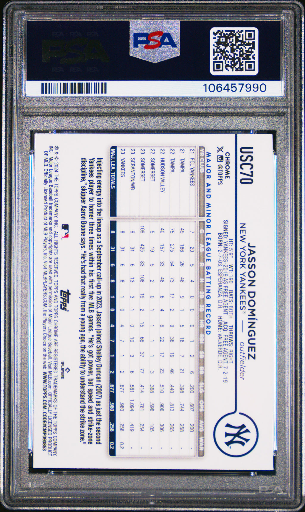 Jasson Dominguez 2024 Topps Chrome Shortprint SSP RC New York Yankees PSA 9