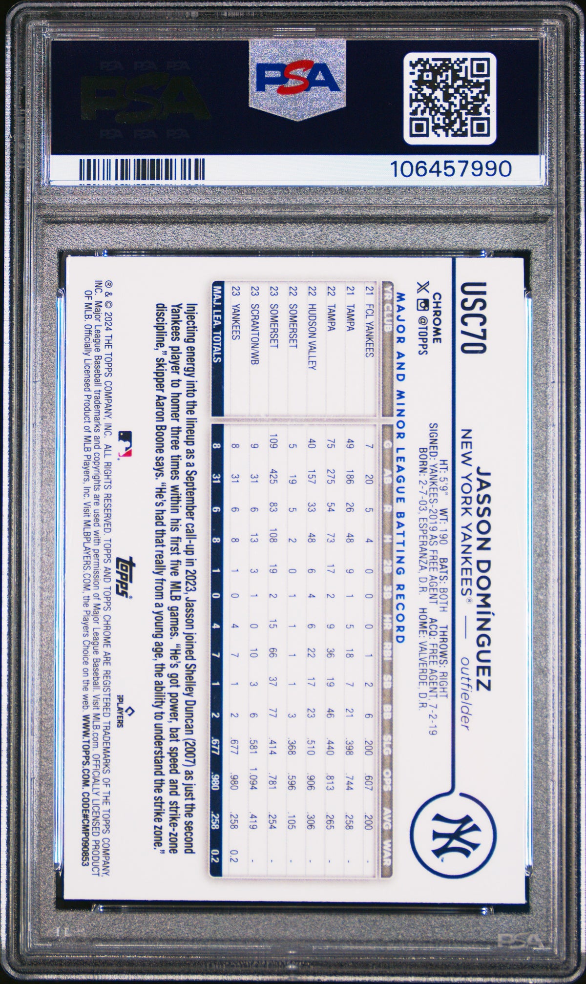 Jasson Dominguez 2024 Topps Chrome Shortprint SSP RC New York Yankees PSA 9