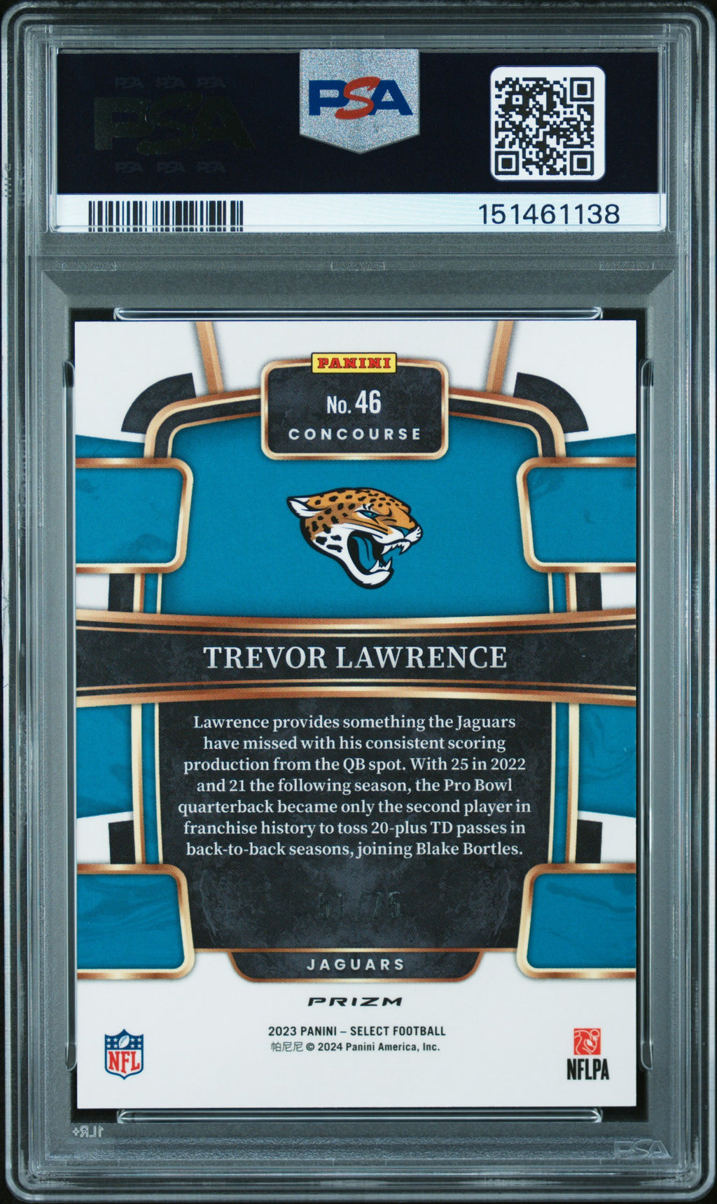 Trevor Lawrence 2023 Select Purple Prizm Jacksonville Jaguars 51/75 PSA 10
