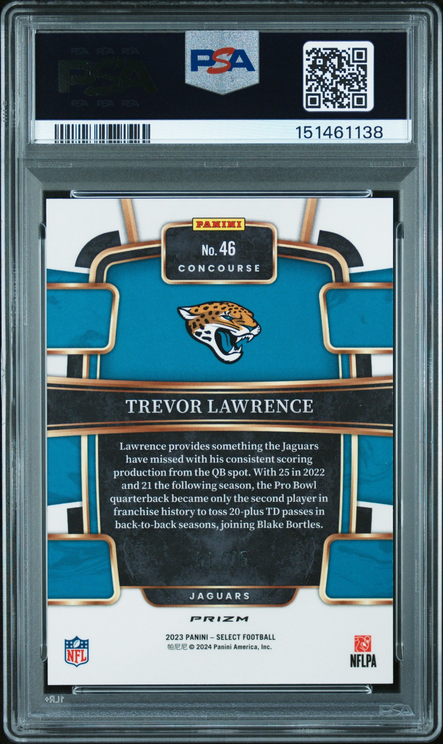 Trevor Lawrence 2023 Select Purple Prizm Jacksonville Jaguars 51/75 PSA 10