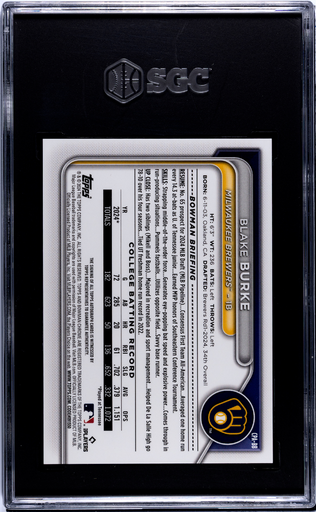 Blake Burke 2024 Bowman Chrome 1st Auto Autograph Blue Brewers 70/150 SGC 9