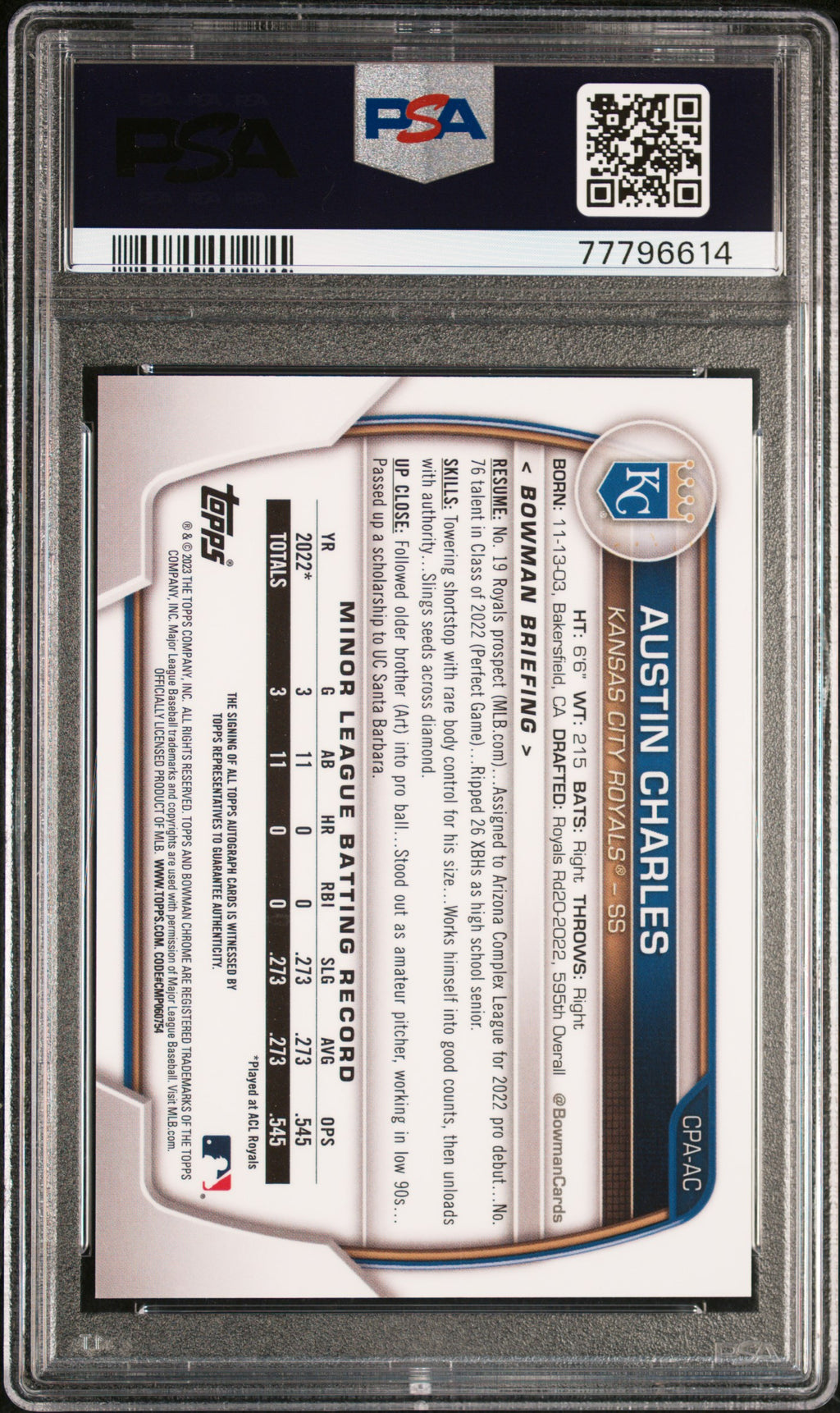 Austin Charles 2023 Bowman Chrome 1st Auto Autograph RC Royals 156/299 PSA 10