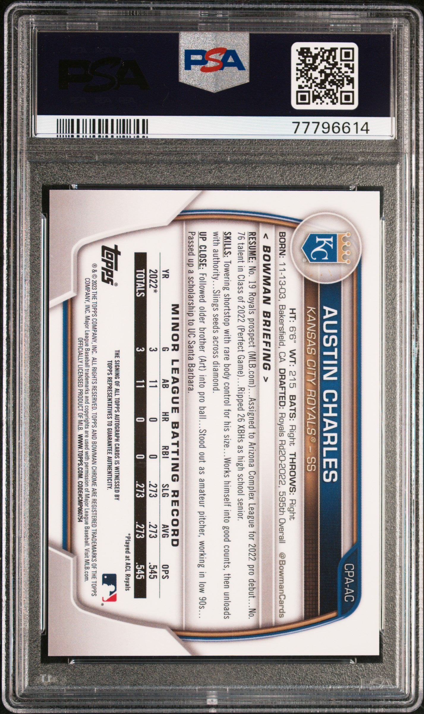 Austin Charles 2023 Bowman Chrome 1st Auto Autograph RC Royals 156/299 PSA 10